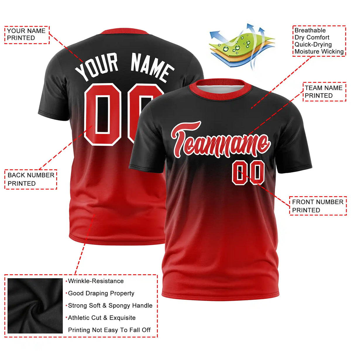 Custom Black-Red Gradient Fashion Design Performance T-Shirt