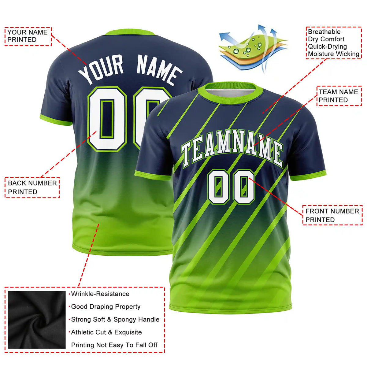 Custom Navy-Neon Green Gradient Fashion Diagonal Stripe Performance T-Shirt