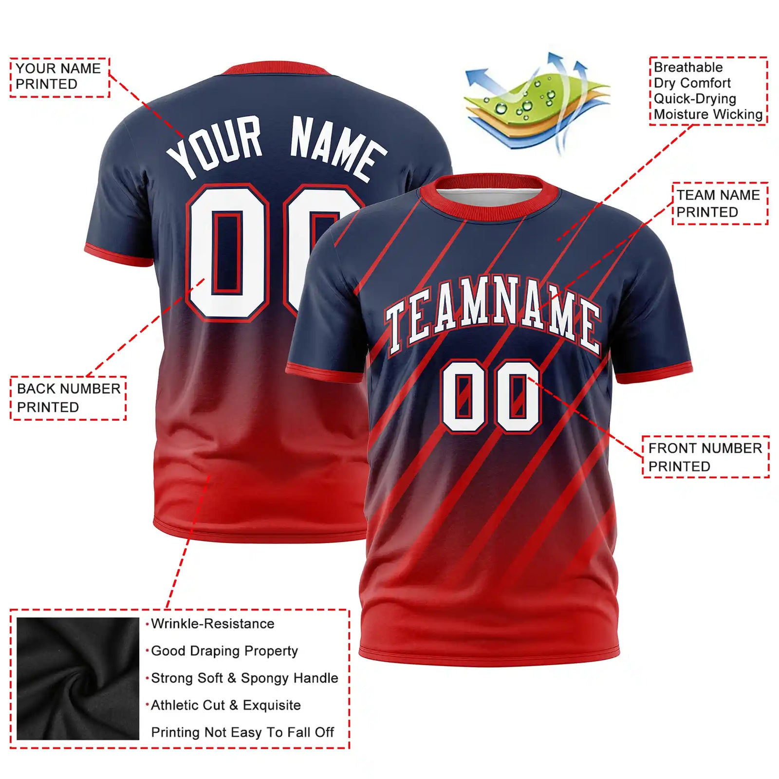 Custom Navy-Red Gradient Fashion Diagonal Stripe Performance T-Shirt
