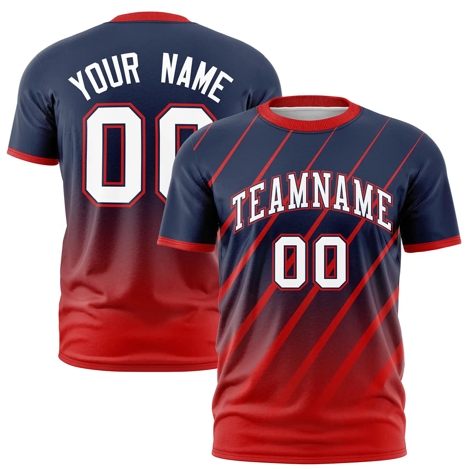 Custom Navy-Red Gradient Fashion Diagonal Stripe Performance T-Shirt