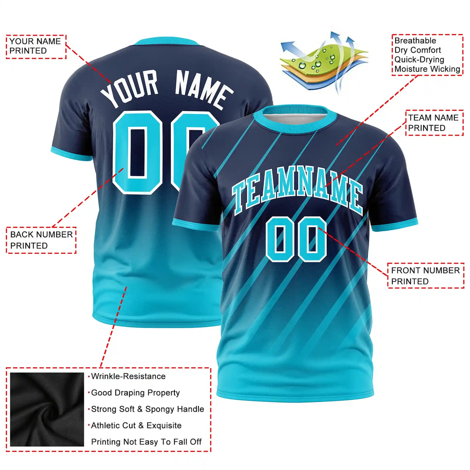 Custom Navy-Sky Blue Gradient Fashion Diagonal Stripe Performance T-Shirt