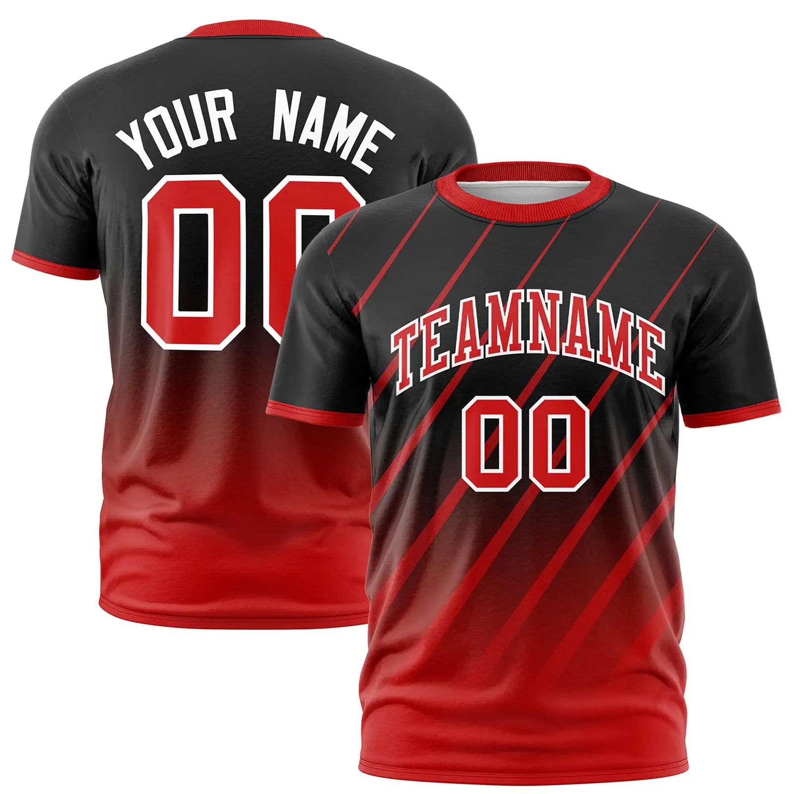 Custom Black-Red Gradient Fashion Diagonal Stripe Performance T-Shirt