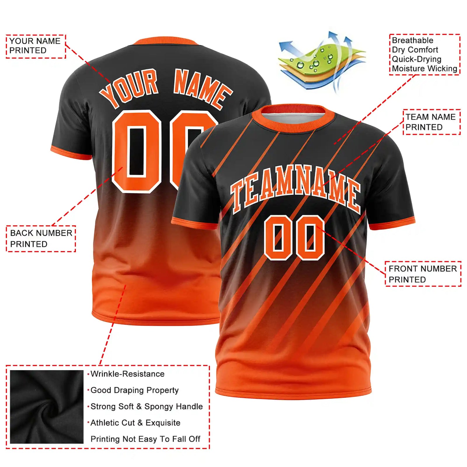 Custom Black-Orange Gradient Fashion Diagonal Stripe Performance T-Shirt