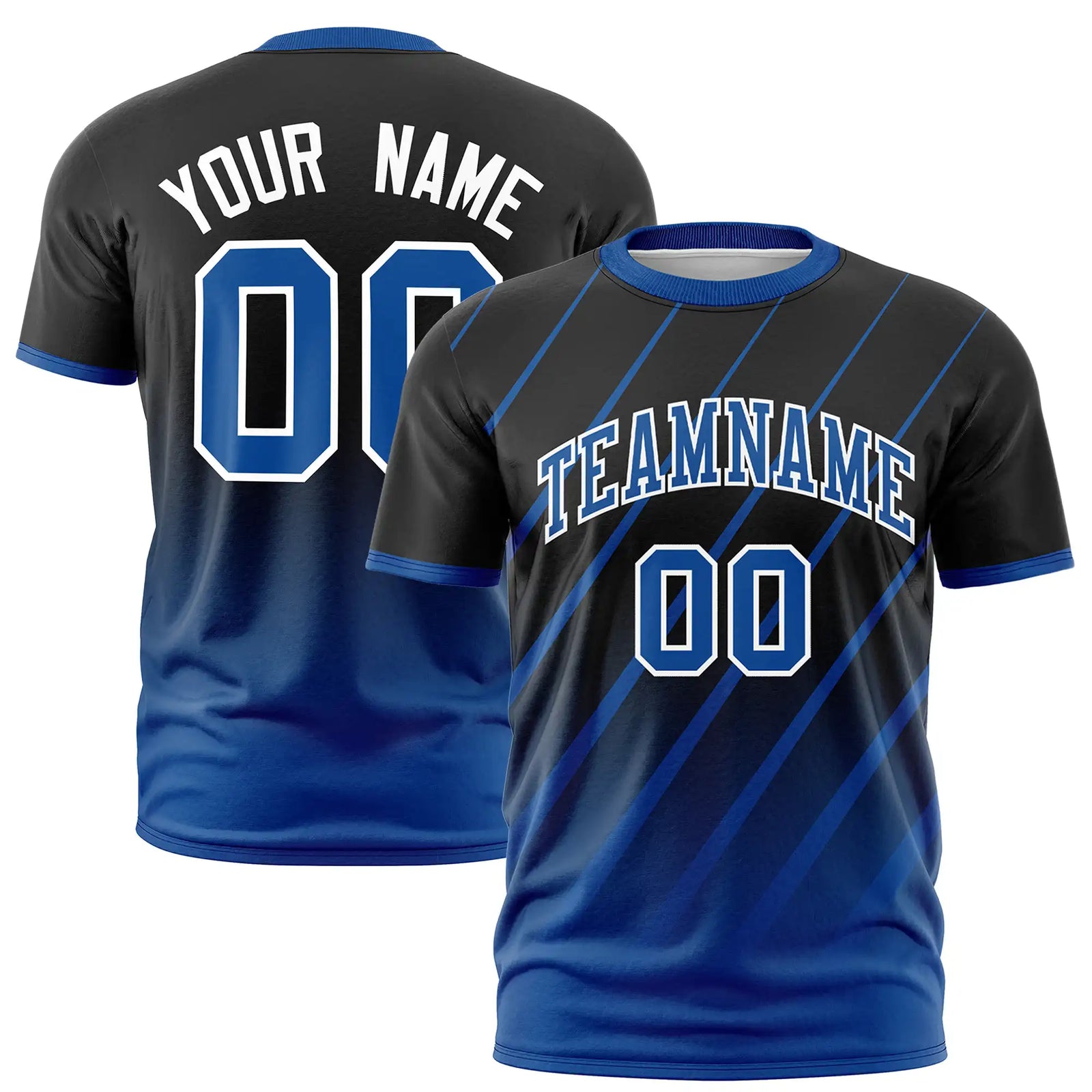 Custom Black-Royal Blue Gradient Fashion Diagonal Stripe Performance T-Shirt
