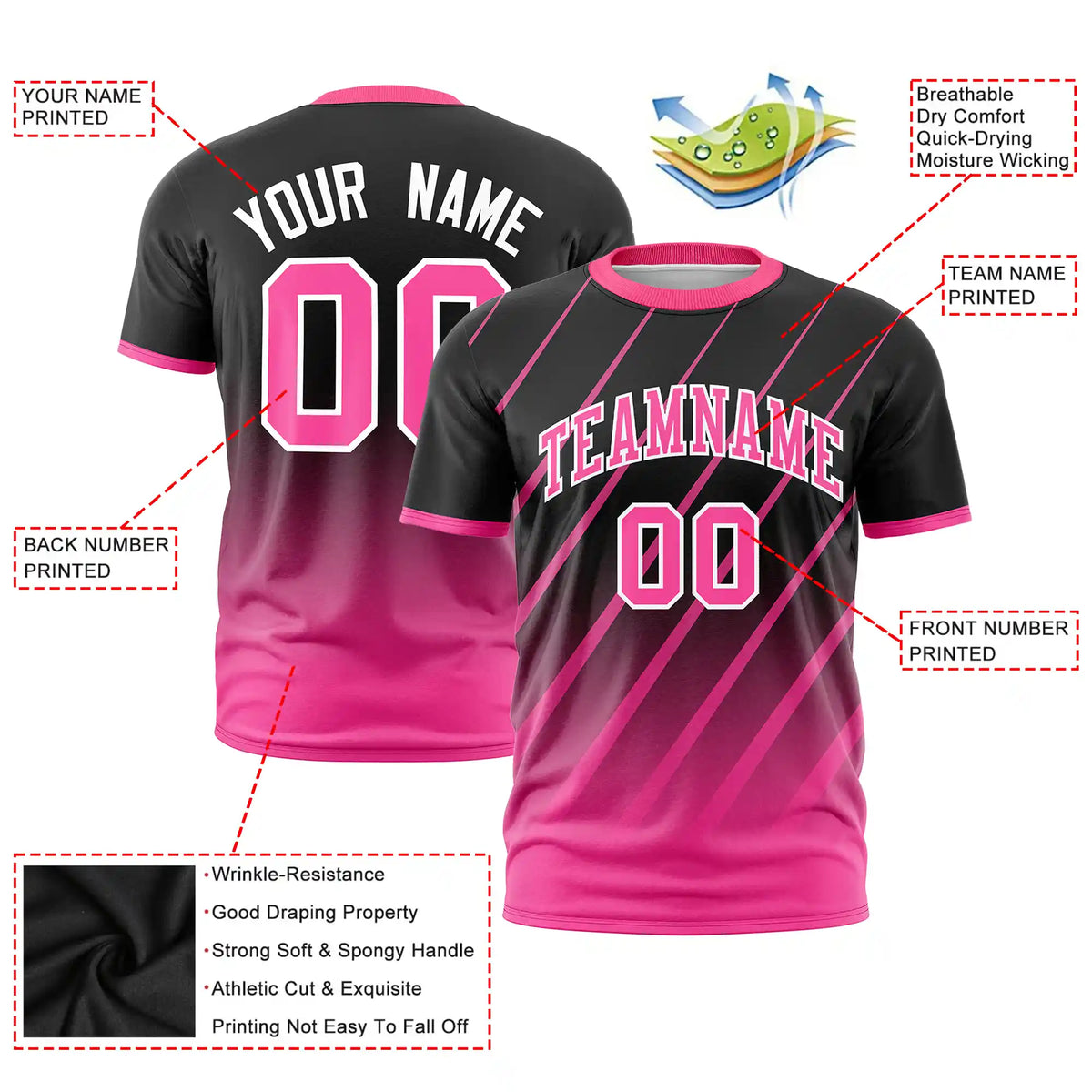Custom Black-Pink Gradient Fashion Diagonal Stripe Performance T-Shirt