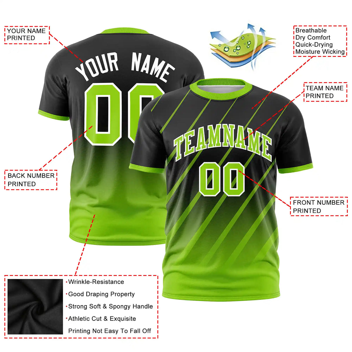 Custom Black-Neon Green Gradient Fashion Diagonal Stripe Performance T-Shirt