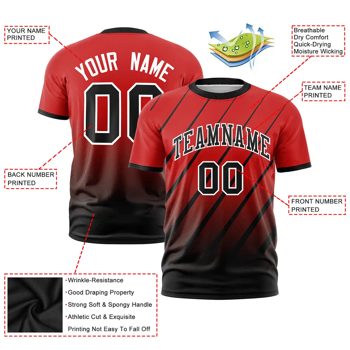 Custom Red-Black Gradient Fashion Diagonal Stripe Performance T-Shirt