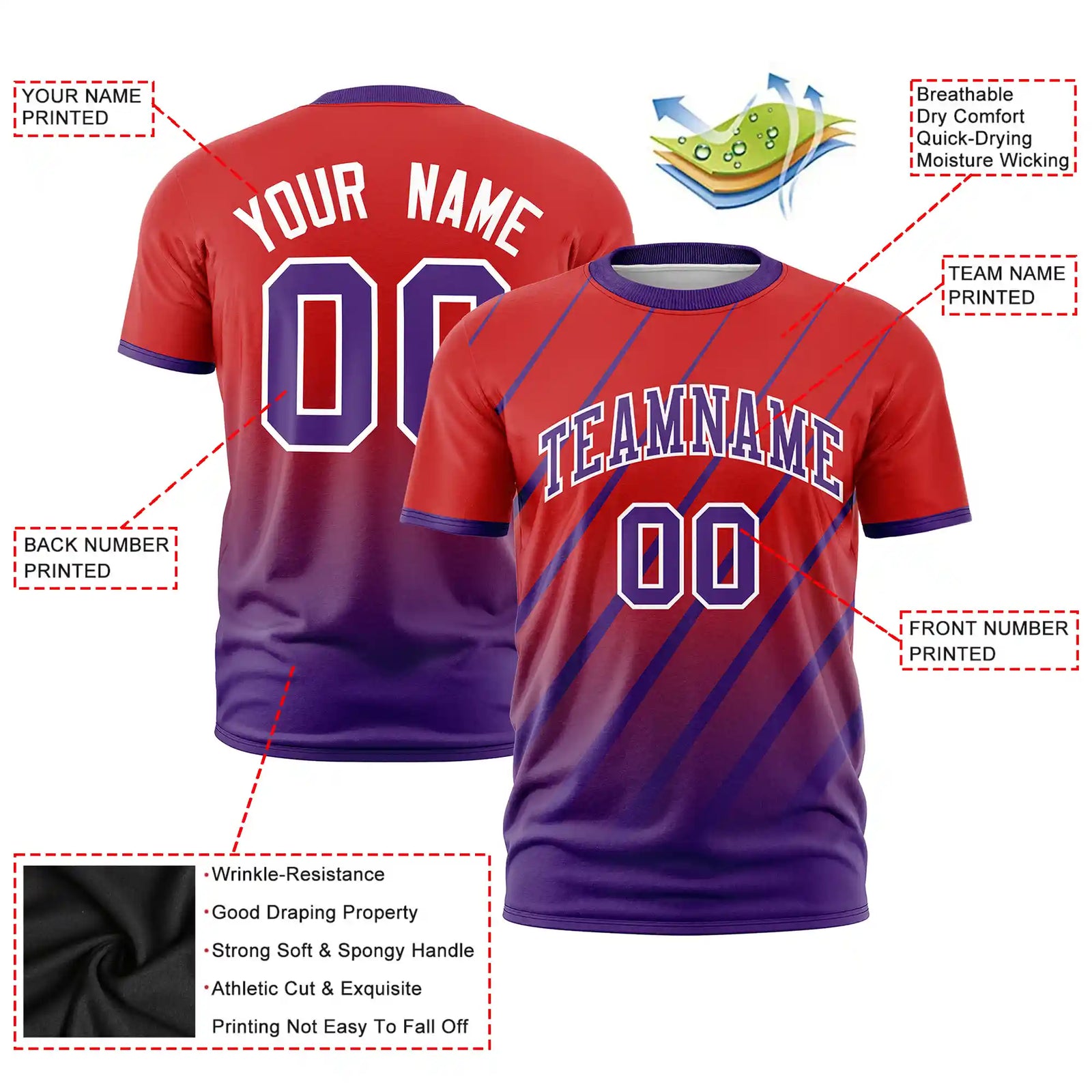 Custom Red-Purple Gradient Fashion Diagonal Stripe Performance T-Shirt