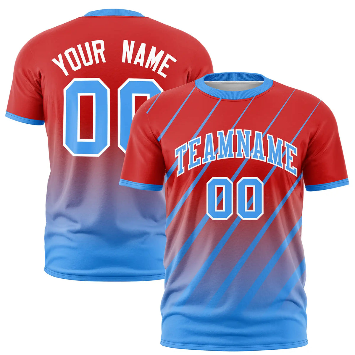 Custom Red-Powder Blue Gradient Fashion Diagonal Stripe Performance T-Shirt