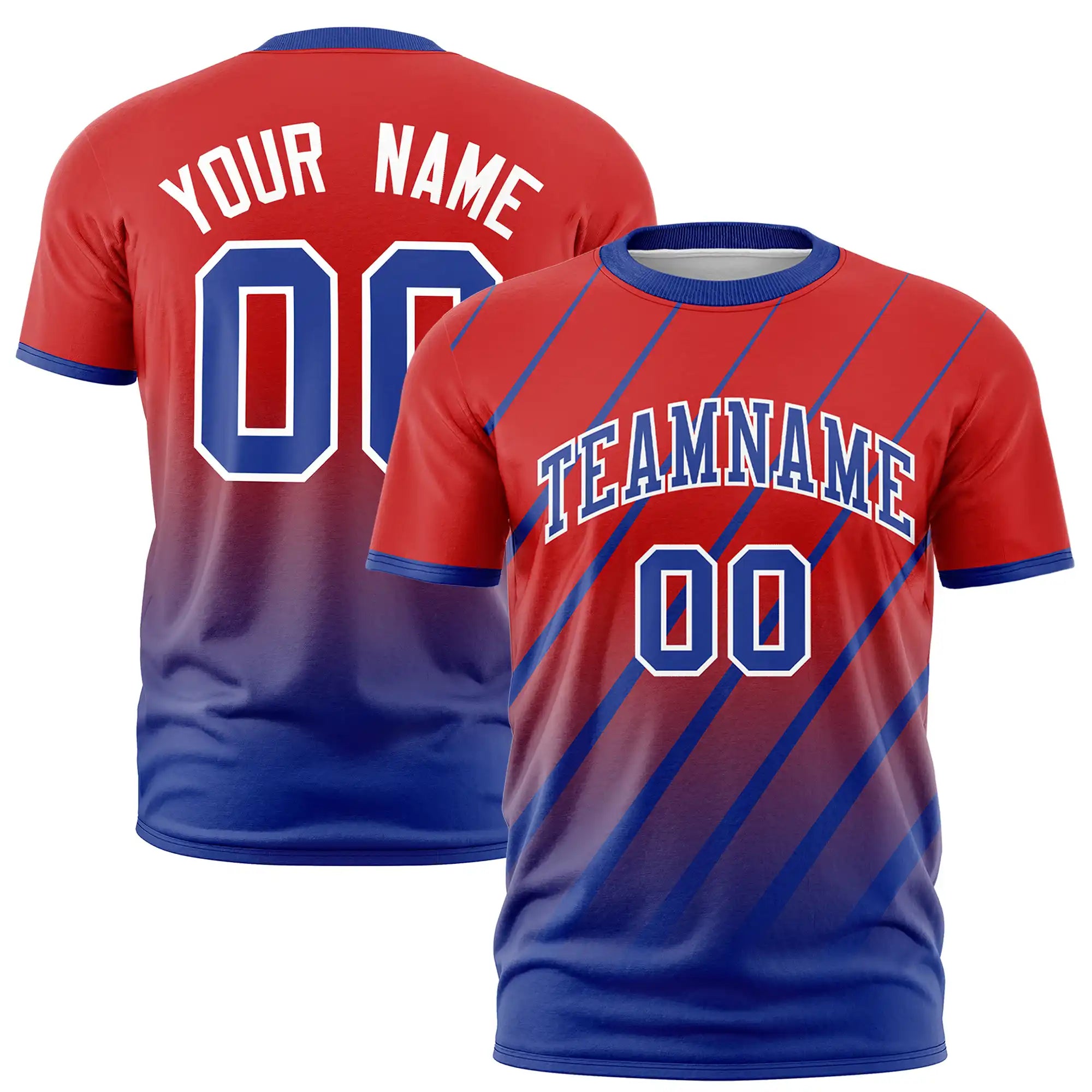 Custom Red-Royal Blue Gradient Fashion Diagonal Stripe Performance T-Shirt