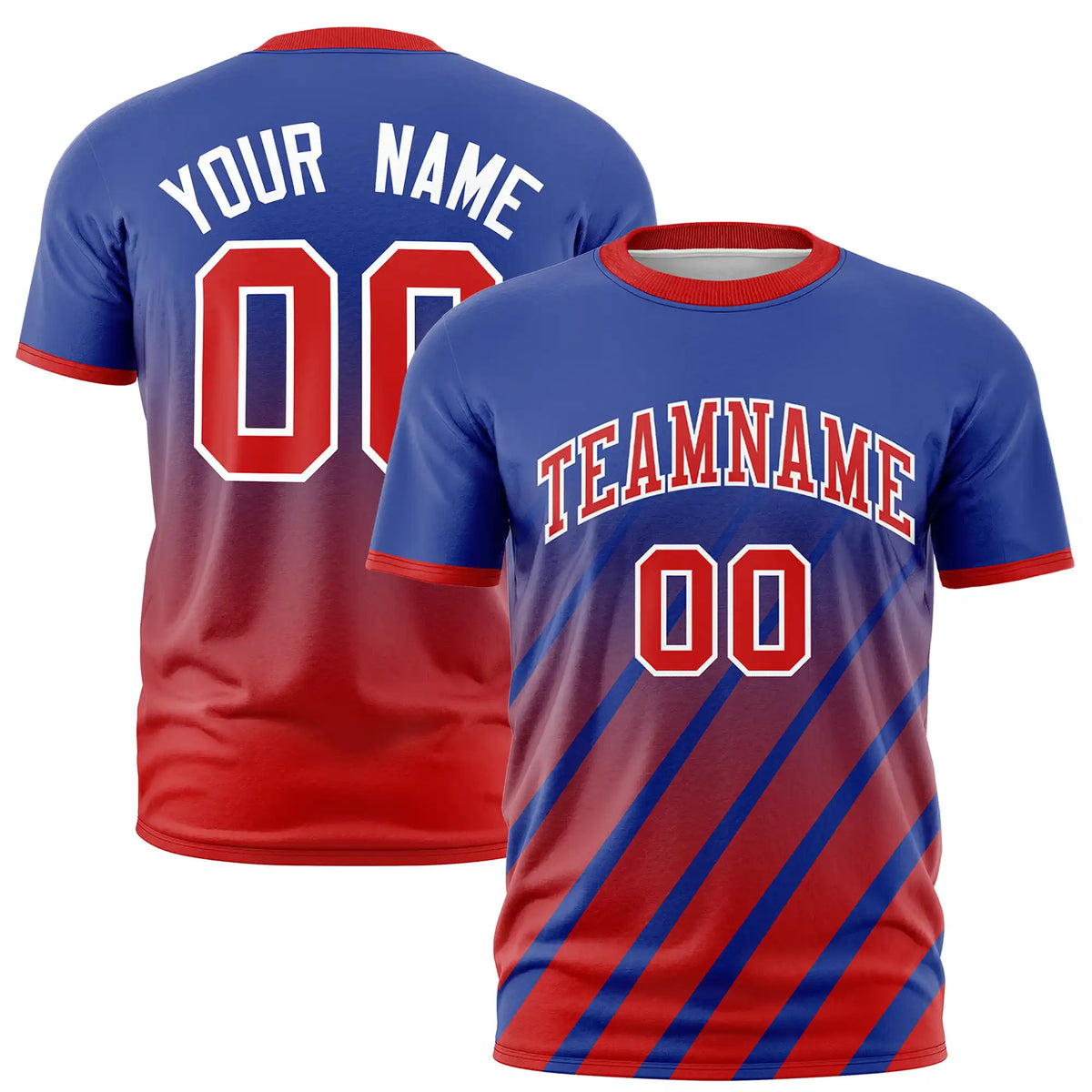 Custom Royal Blue-Red Gradient Fashion Diagonal Stripe Performance T-Shirt