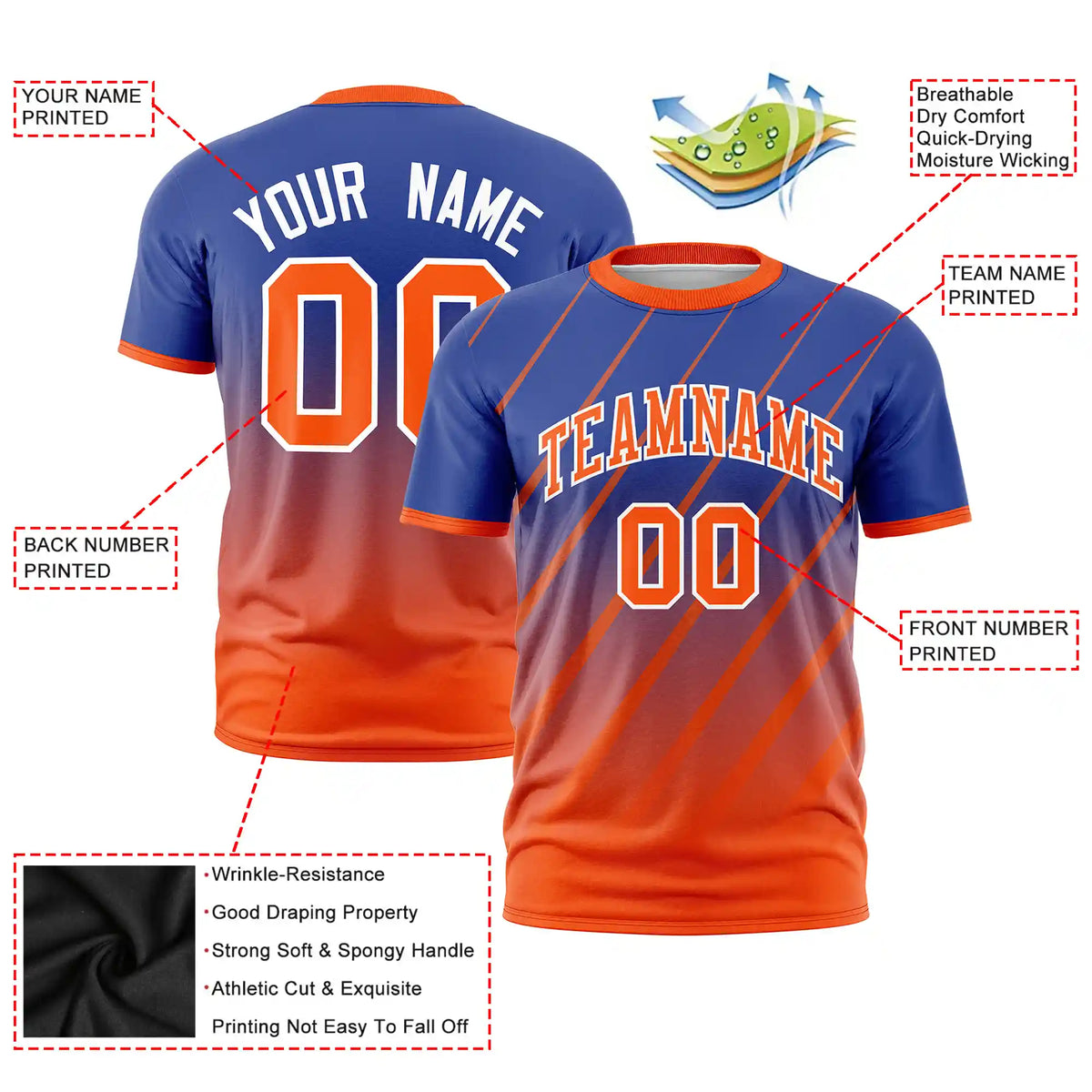 Custom Royal Blue-Orange Gradient Fashion Diagonal Stripe Performance T-Shirt