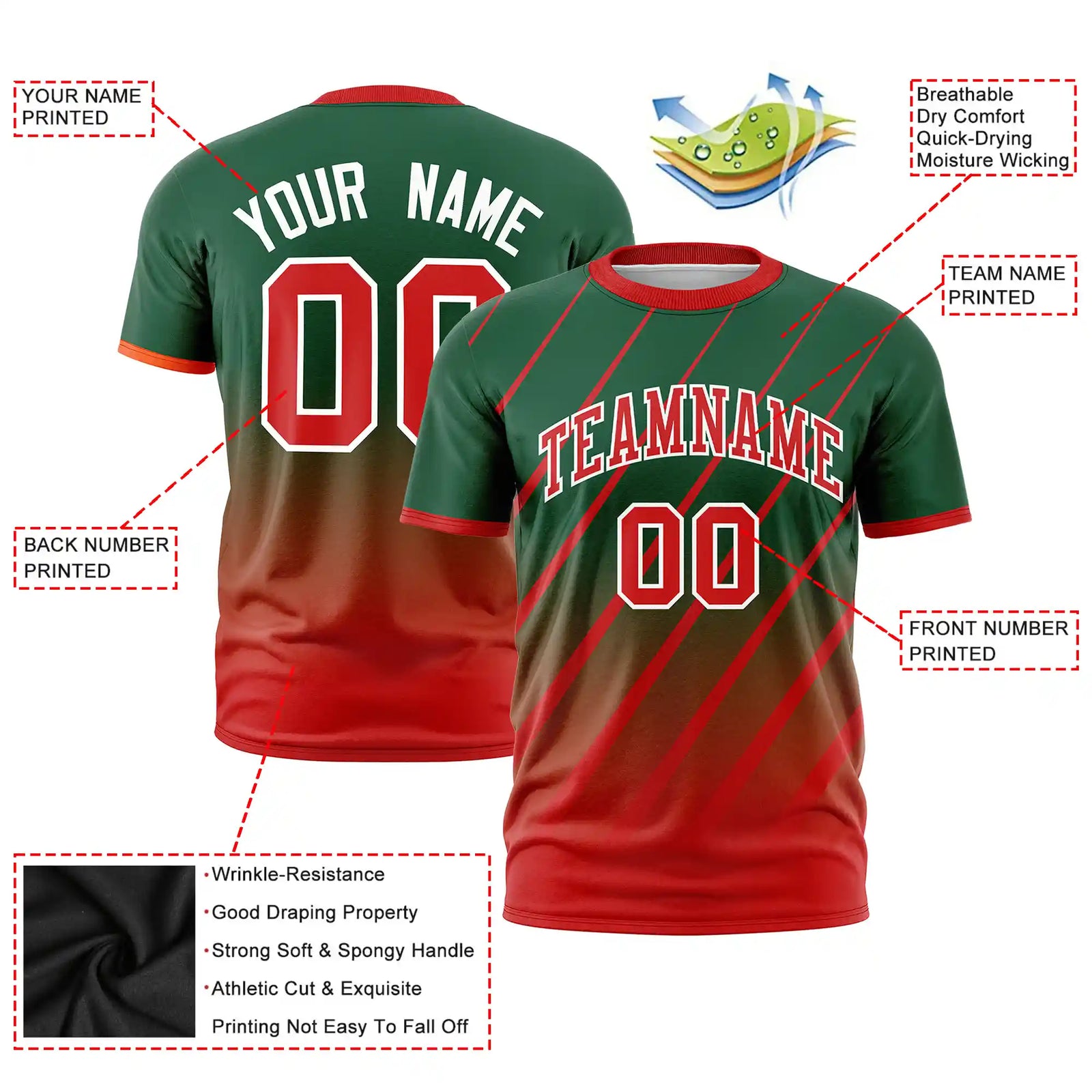 Custom Green-Red Gradient Fashion Diagonal Stripe Performance T-Shirt
