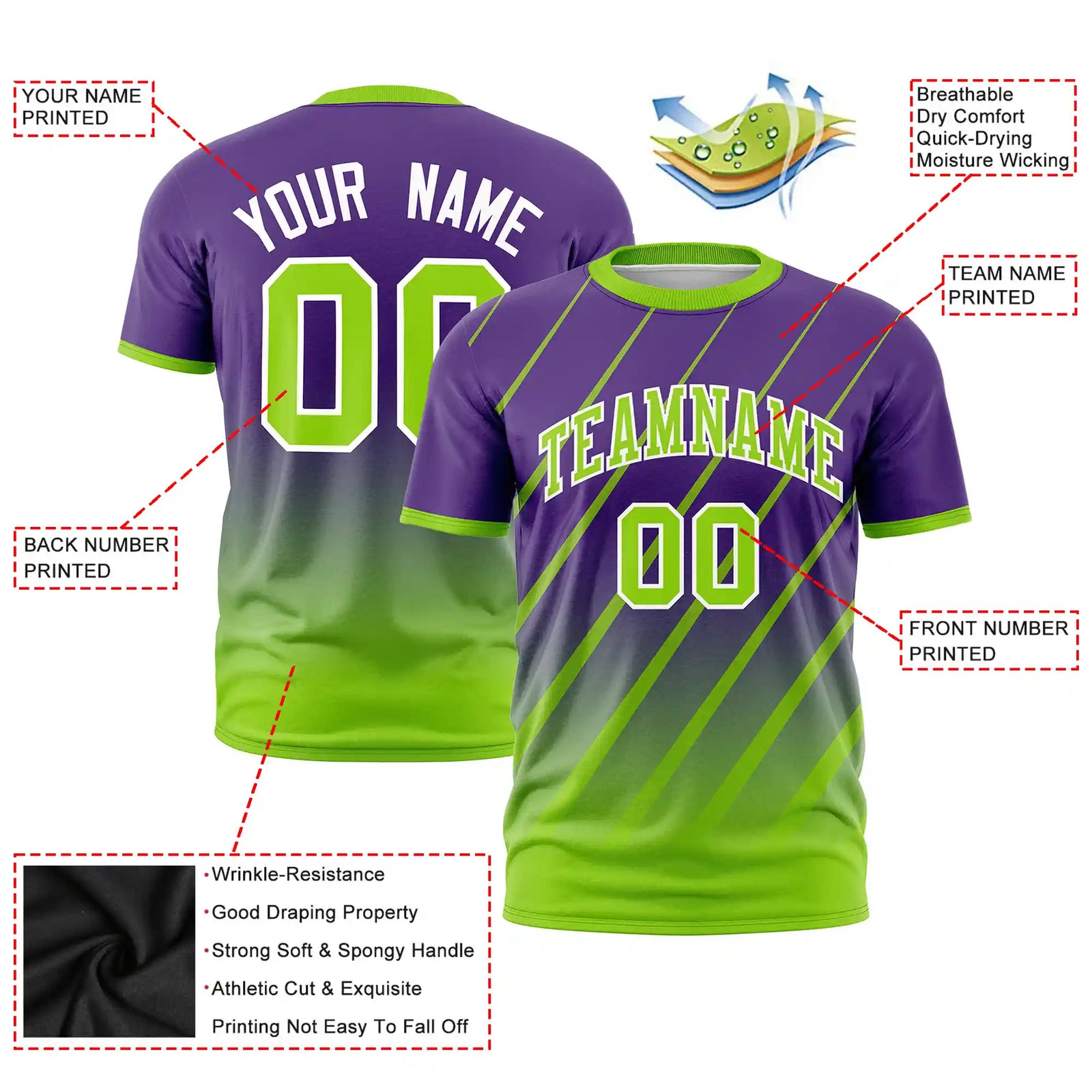 Custom Purple-Neon Green Gradient Fashion Diagonal Stripe Performance T-Shirt