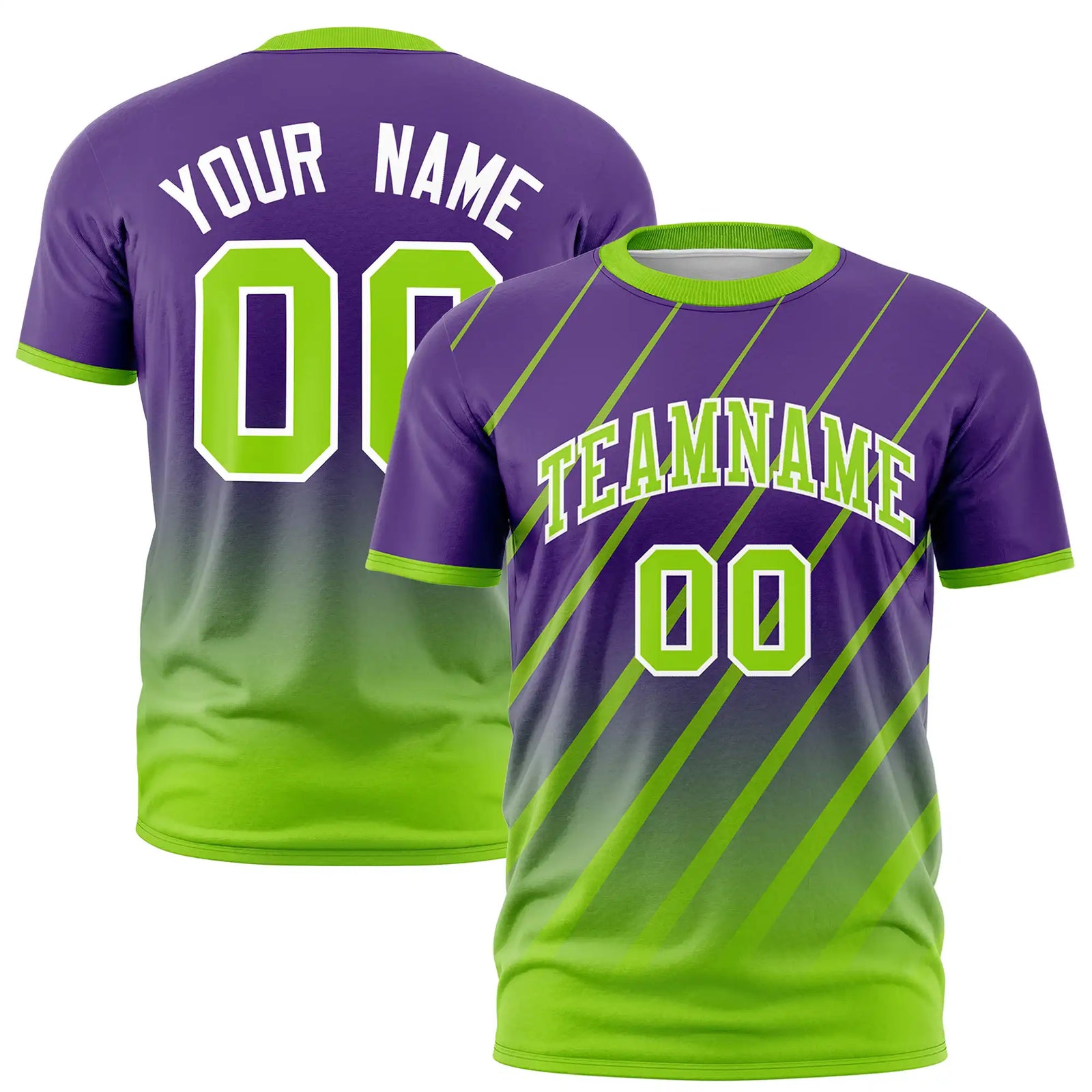 Custom Purple-Neon Green Gradient Fashion Diagonal Stripe Performance T-Shirt
