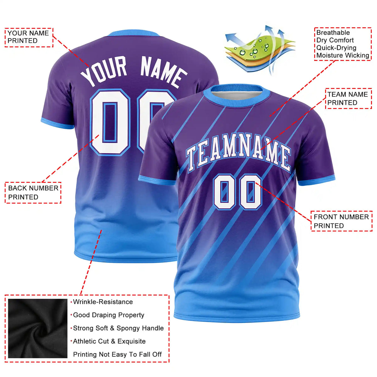 Custom Purple-Powder Blue Gradient Fashion Diagonal Stripe Performance T-Shirt
