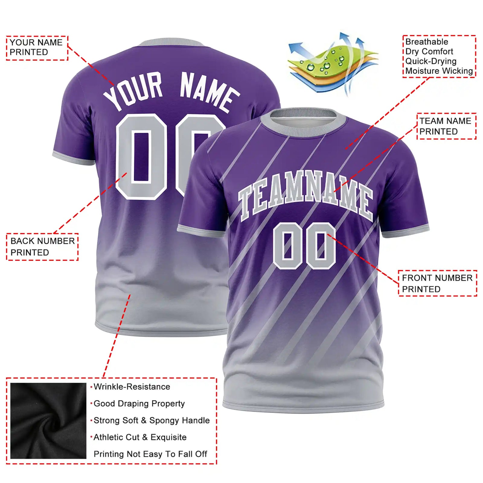 Custom Purple-Gray Gradient Fashion Diagonal Stripe Performance T-Shirt