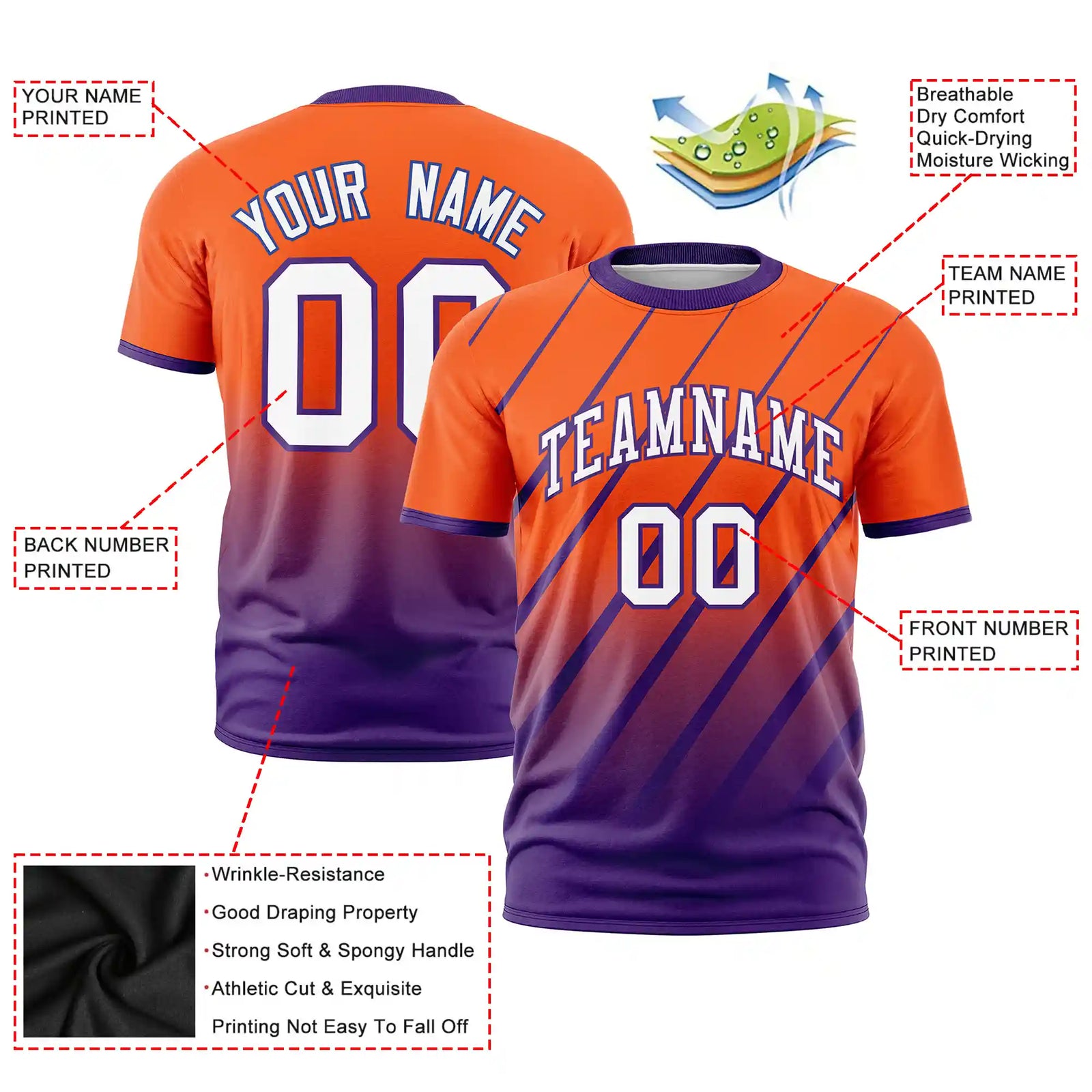 Custom Orange-Purple Gradient Fashion Diagonal Stripe Performance T-Shirt