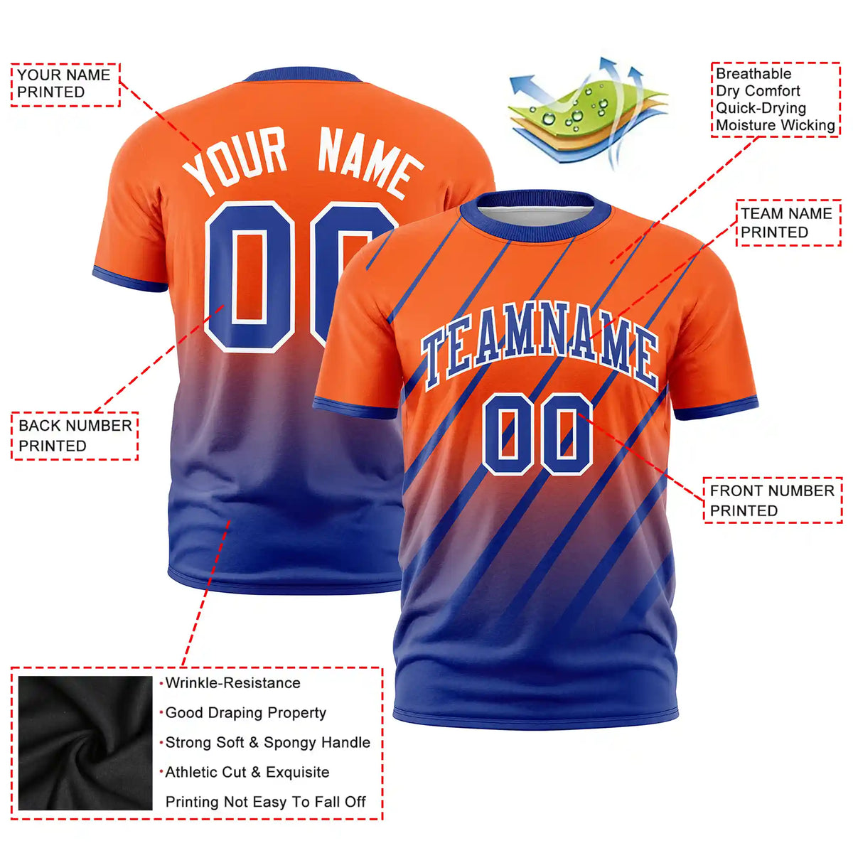 Custom Orange-Royal Blue Gradient Fashion Diagonal Stripe Performance T-Shirt