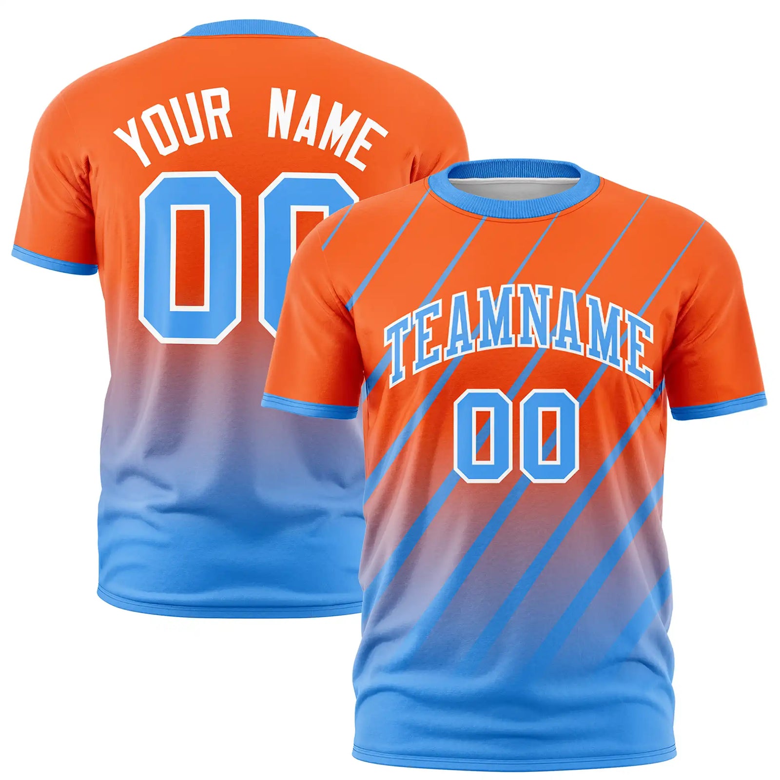 Custom Orange-Powder Blue Gradient Fashion Diagonal Stripe Performance T-Shirt
