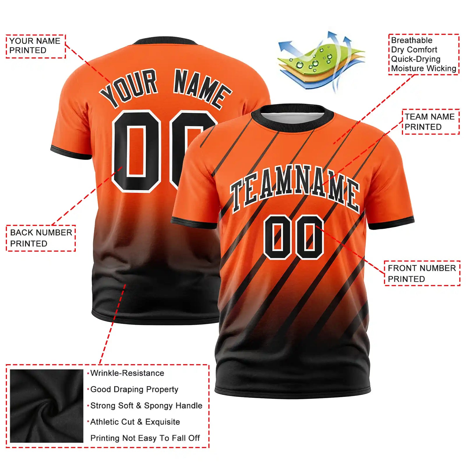 Custom Orange-Black Gradient Fashion Diagonal Stripe Performance T-Shirt
