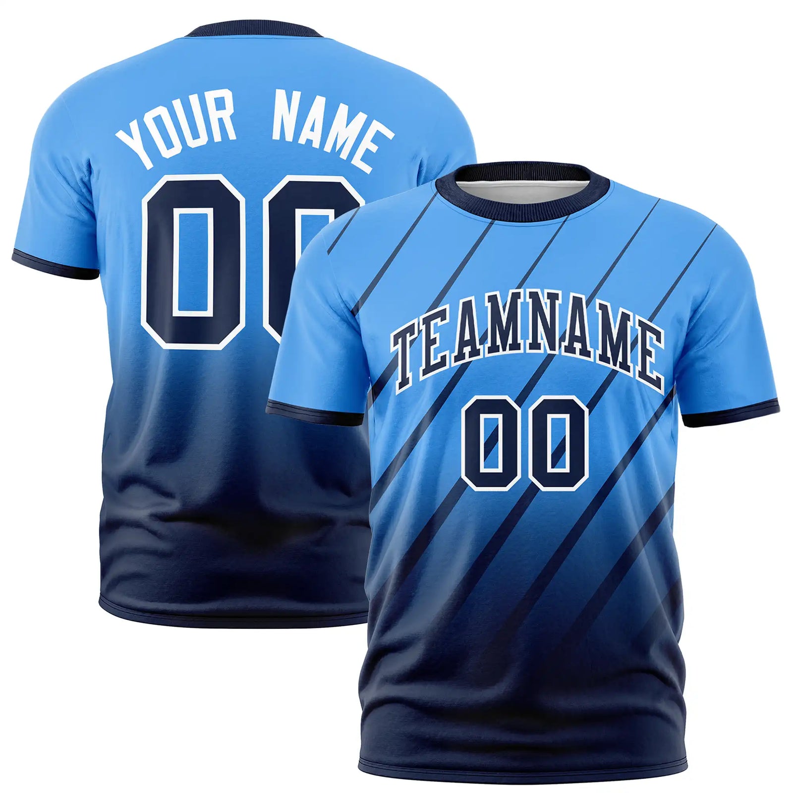 Custom Powder Blue-Navy Gradient Fashion Diagonal Stripe Performance T-Shirt