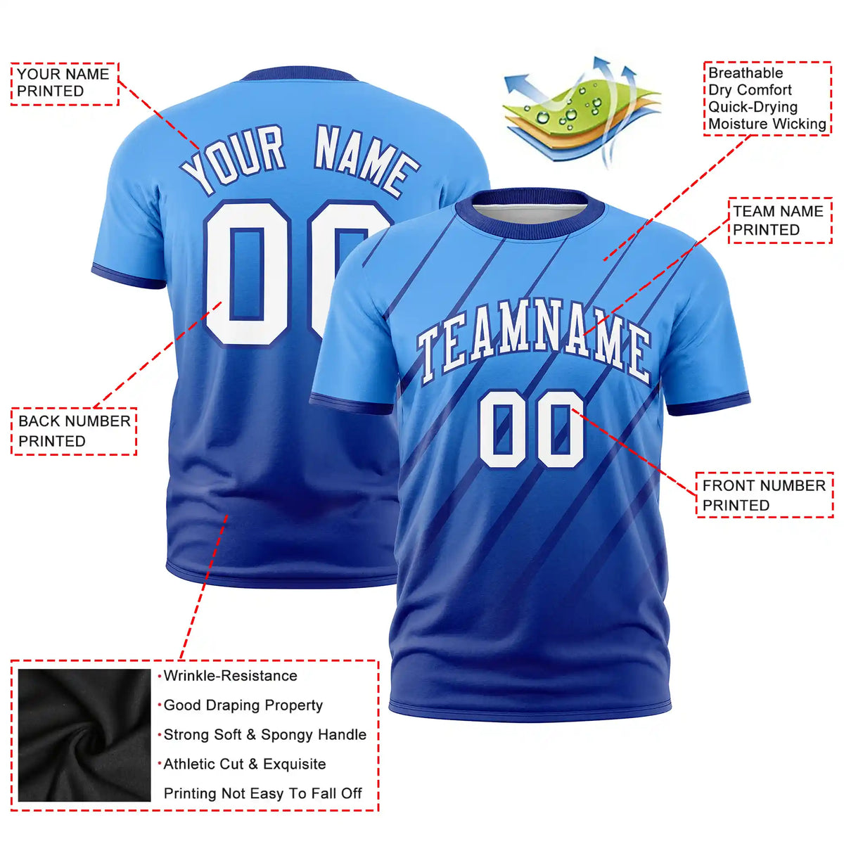 Custom Powder Blue-Royal Blue Gradient Fashion Diagonal Stripe Performance T-Shirt