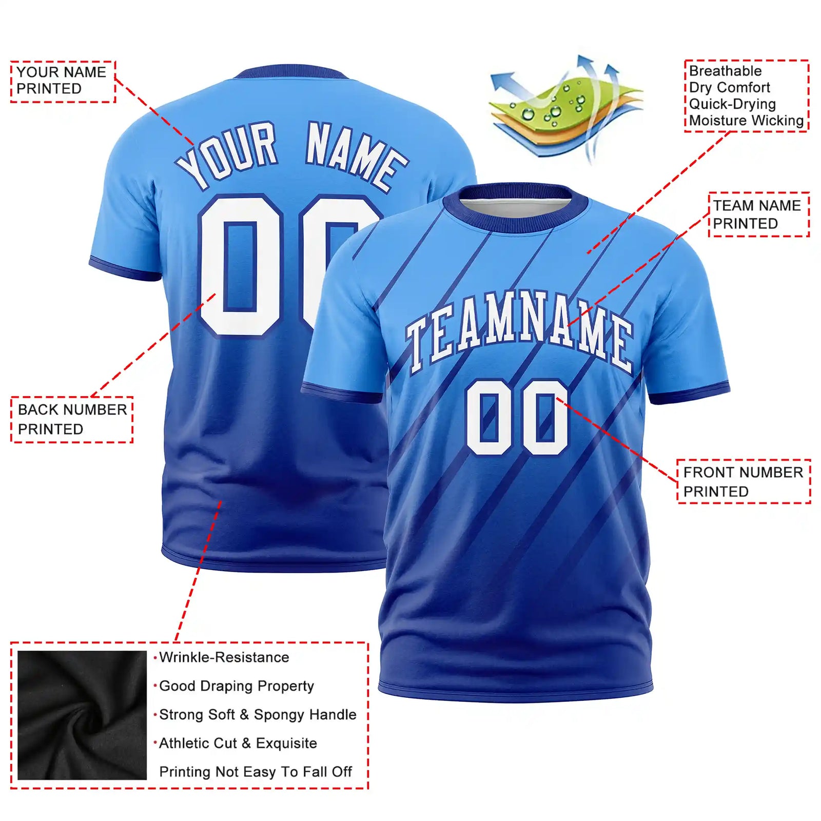 Custom Powder Blue-Royal Blue Gradient Fashion Diagonal Stripe Performance T-Shirt