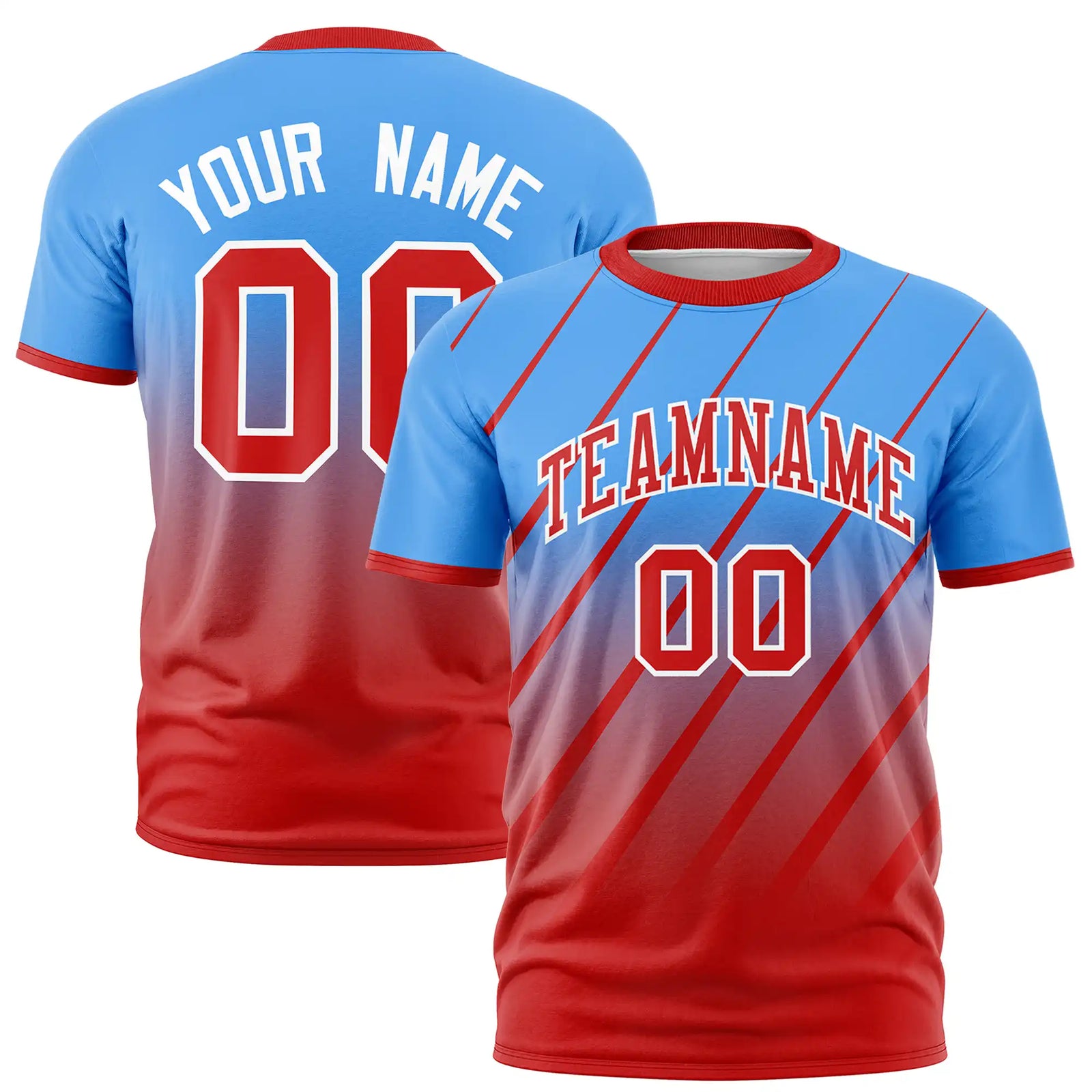 Custom Powder Blue-Red Gradient Fashion Diagonal Stripe Performance T-Shirt