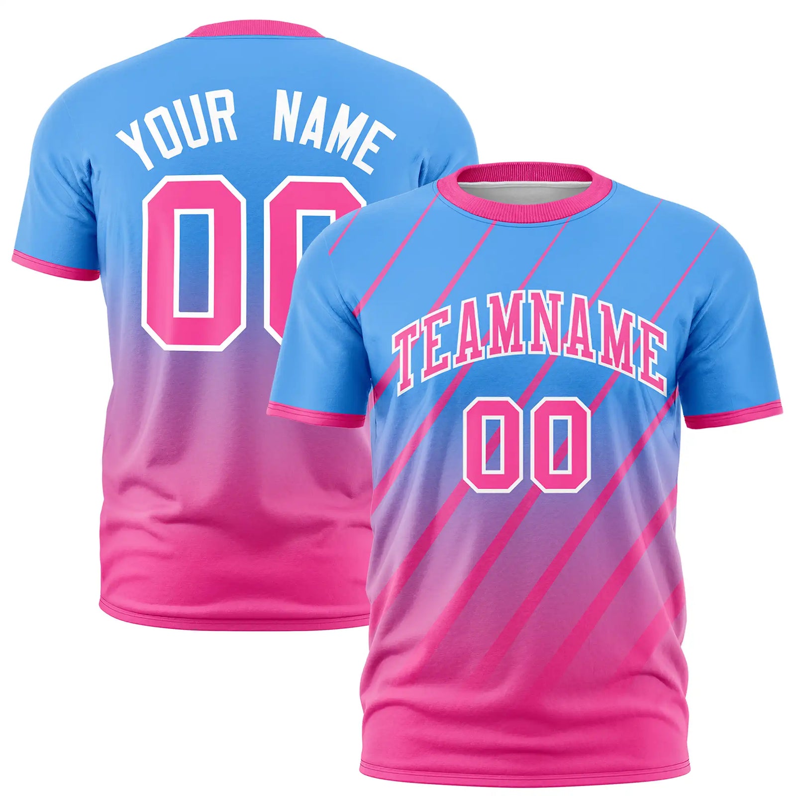 Custom Powder Blue-Pink Gradient Fashion Diagonal Stripe Performance T-Shirt