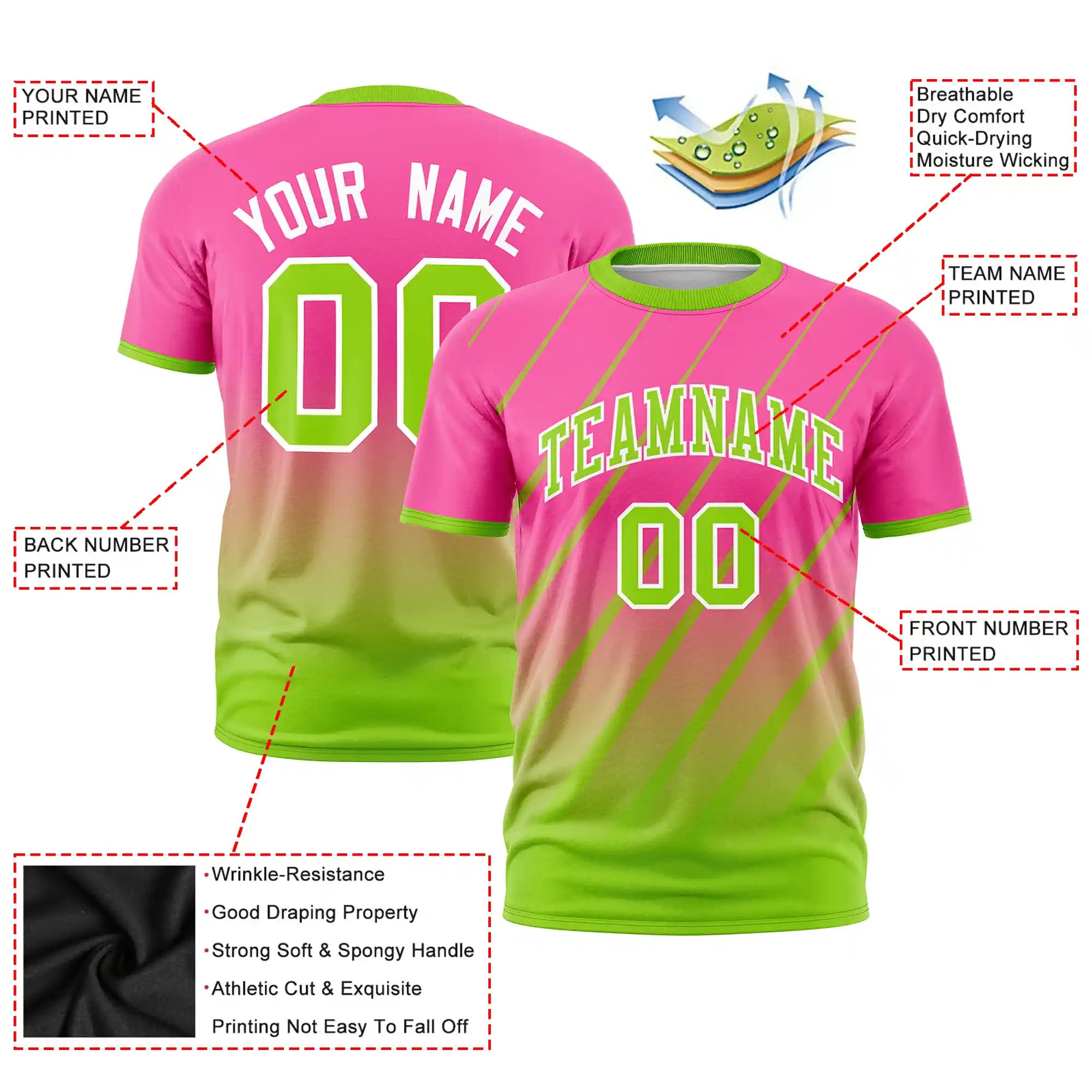 Custom Pink-Neon Green Gradient Fashion Diagonal Stripe Performance T-Shirt