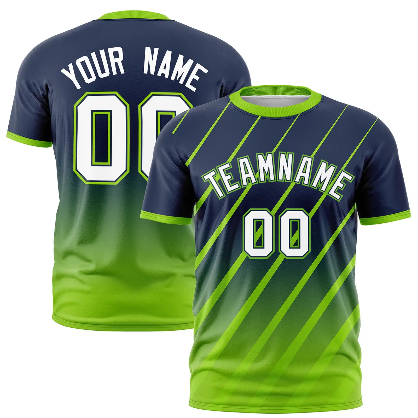 Custom Navy-Neon Green Gradient Fashion Diagonal Stripe Performance T-Shirt
