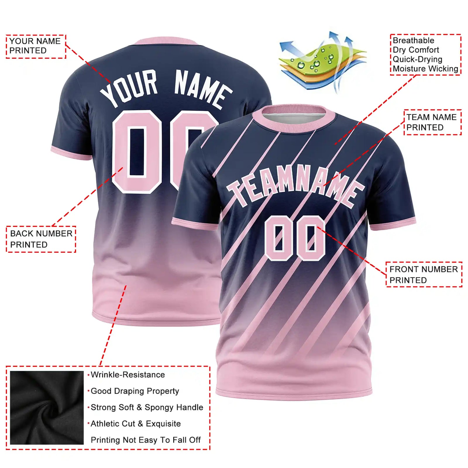 Custom Navy-Light Pink Gradient Fashion Diagonal Stripe Performance T-Shirt