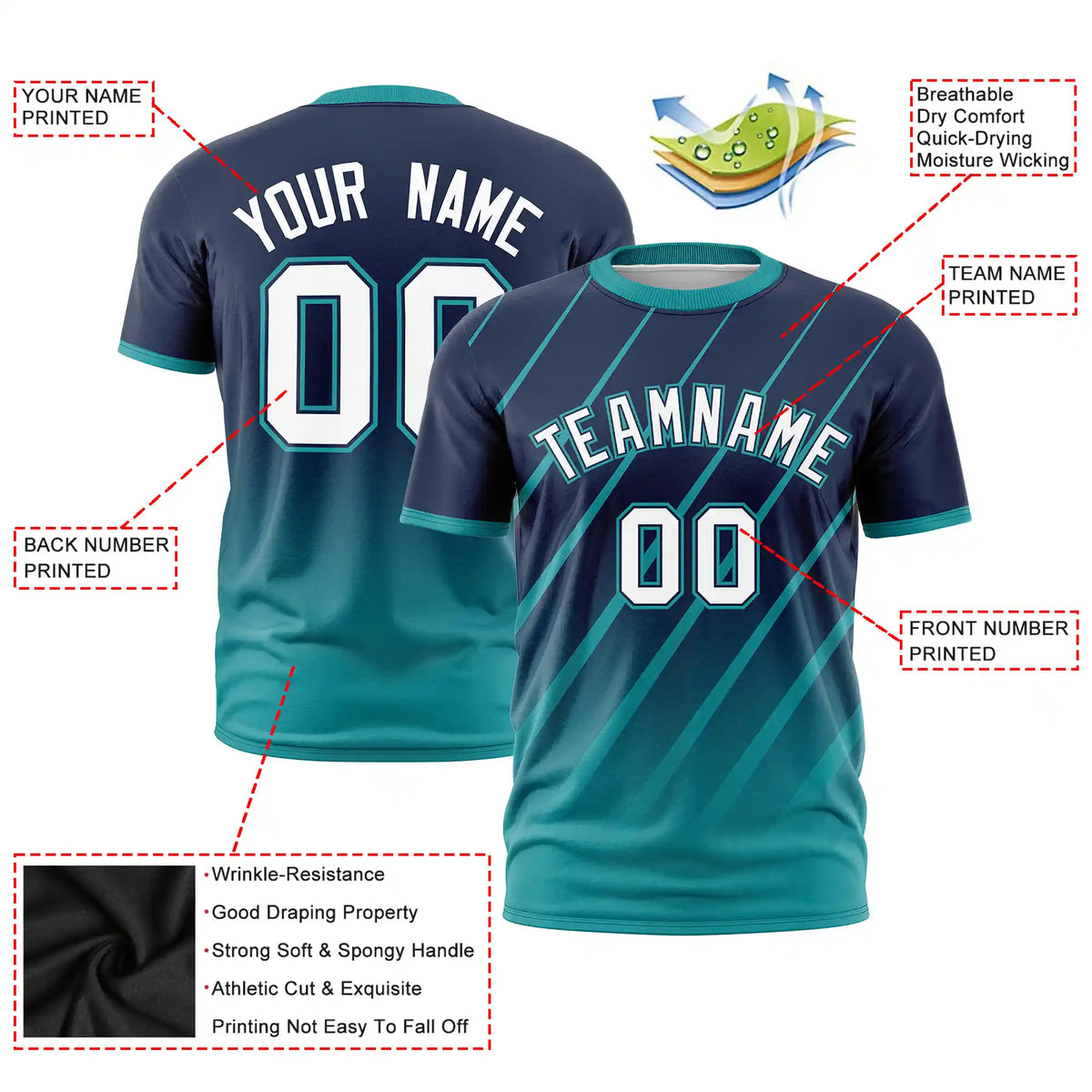 Custom Navy-Aqua Gradient Fashion Diagonal Stripe Performance T-Shirt