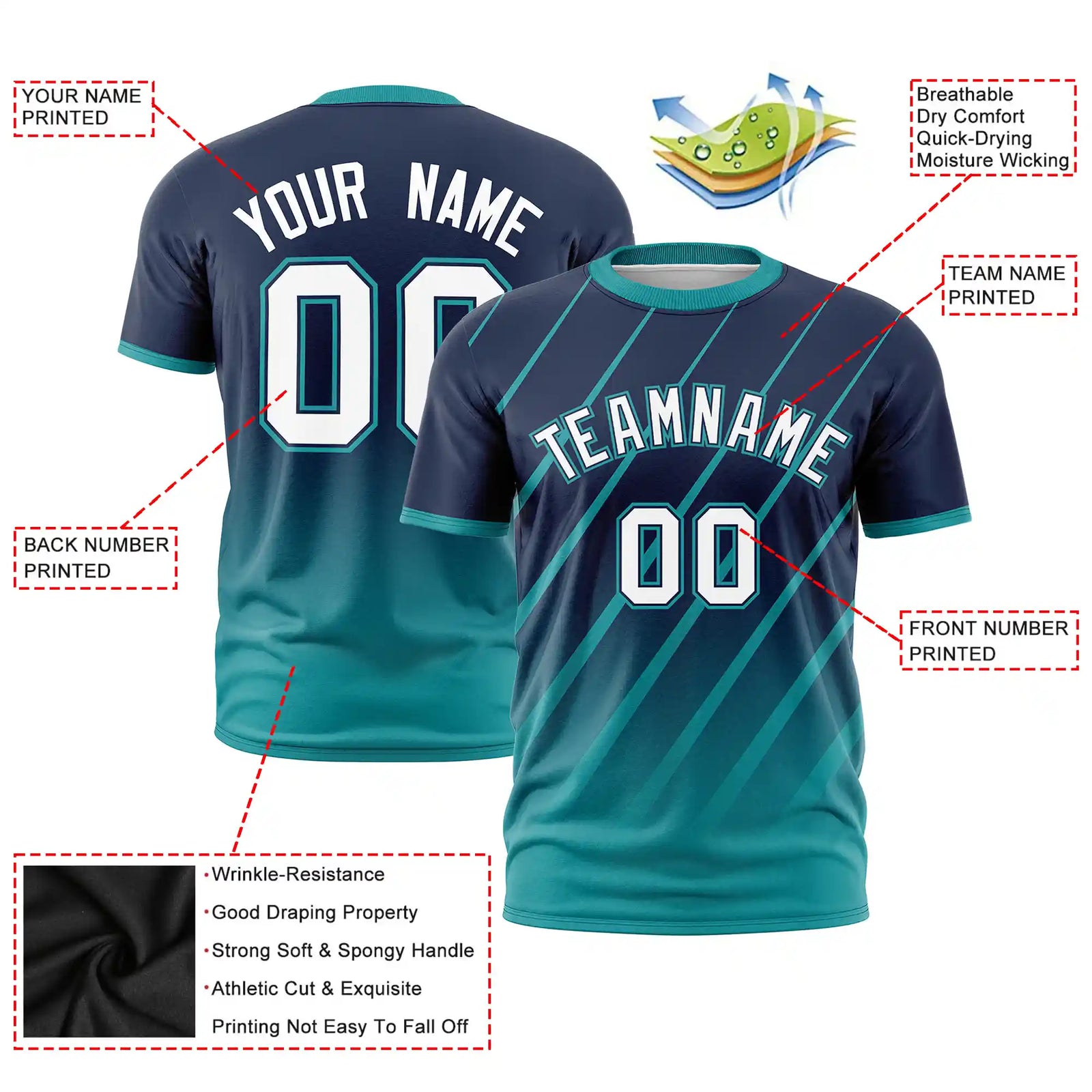 Custom Navy-Aqua Gradient Fashion Diagonal Stripe Performance T-Shirt