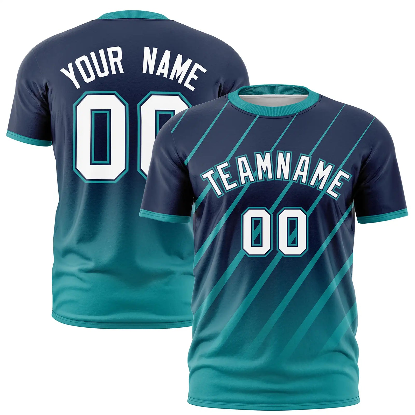Custom Navy-Aqua Gradient Fashion Diagonal Stripe Performance T-Shirt