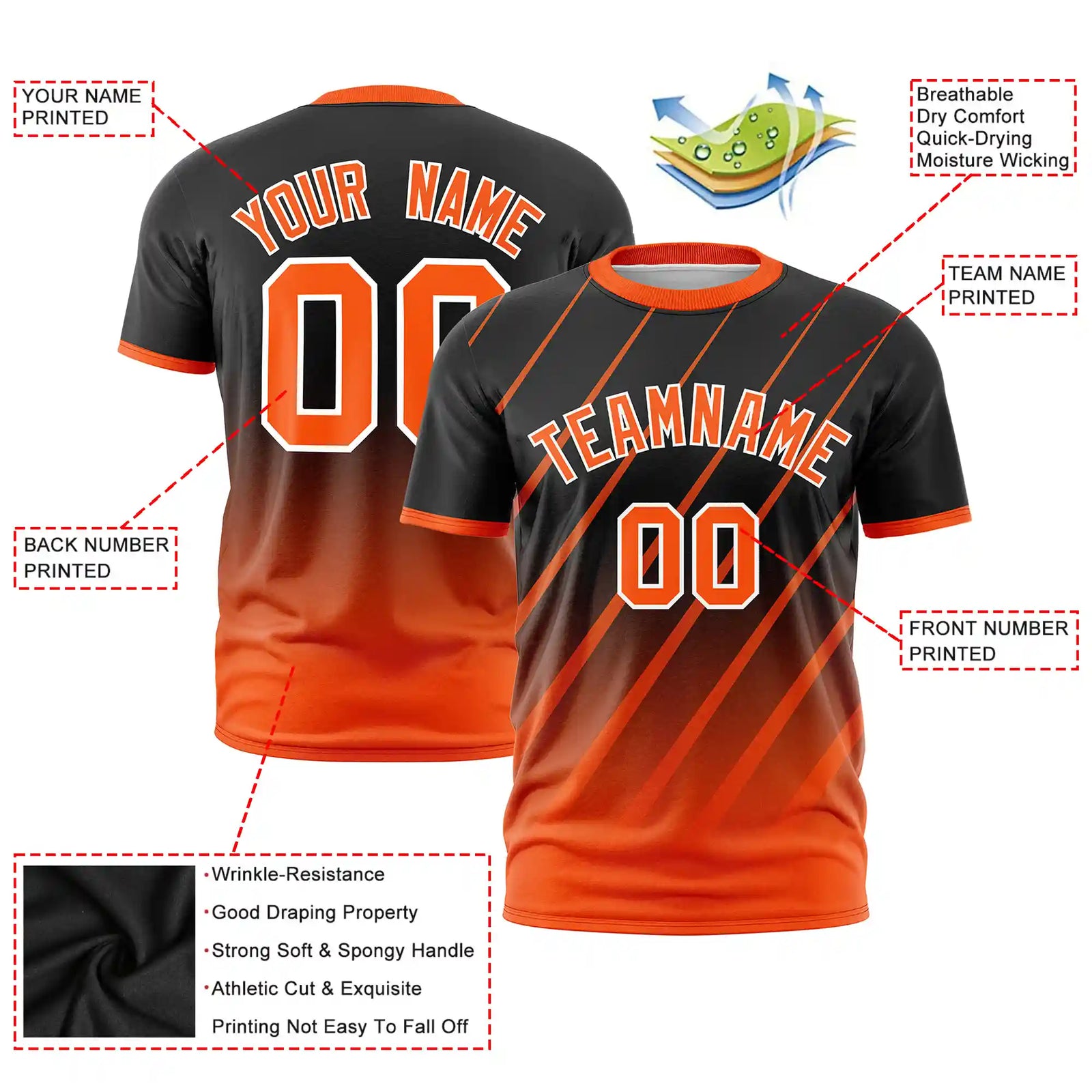Custom Black-Orange Gradient Fashion Diagonal Stripe Performance T-Shirt