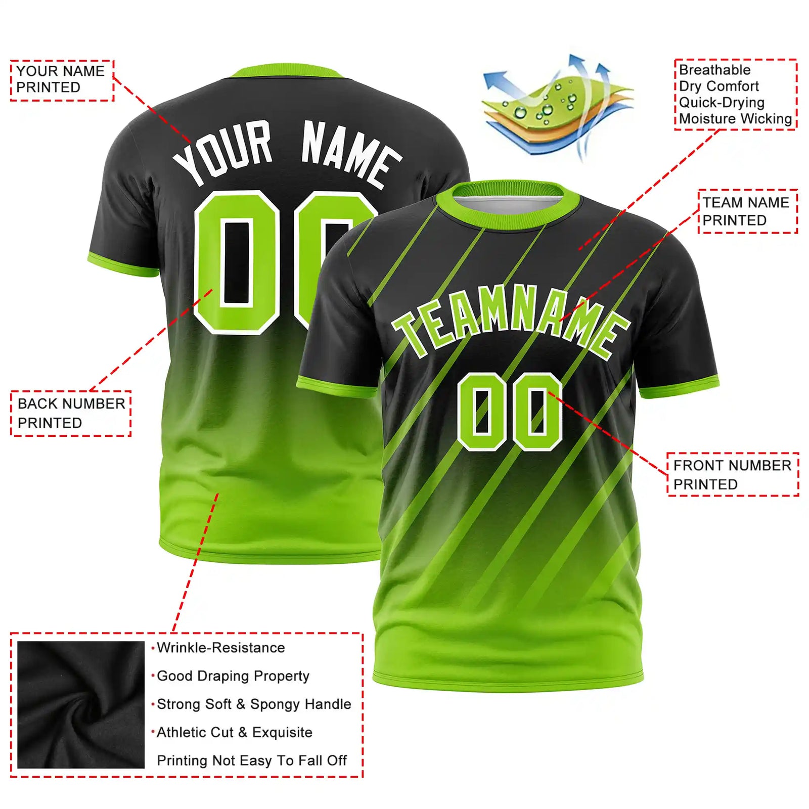 Custom Black-Neon Green Gradient Fashion Diagonal Stripe Performance T-Shirt