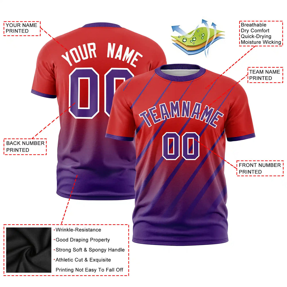Custom Red-Purple Gradient Fashion Diagonal Stripe Performance T-Shirt