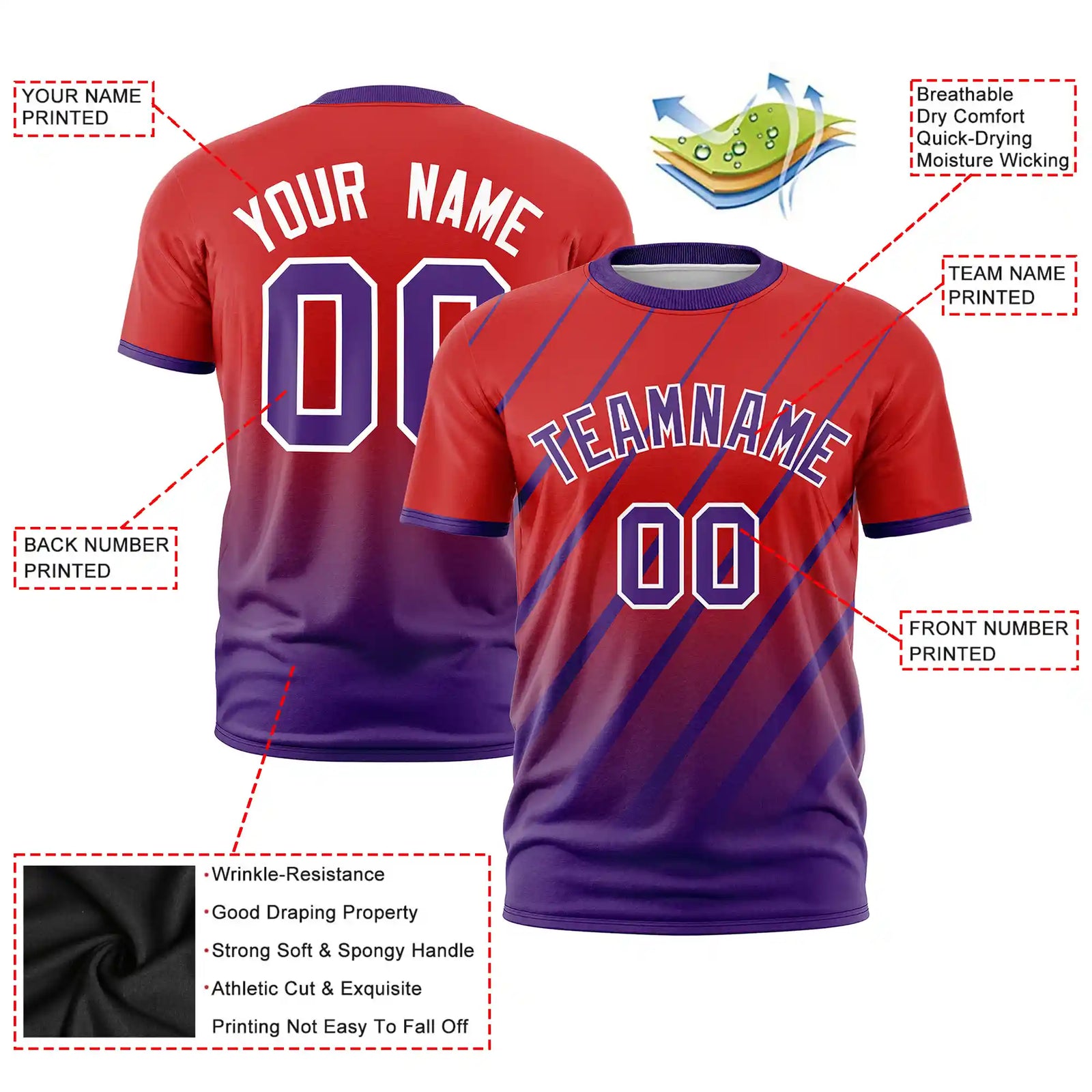 Custom Red-Purple Gradient Fashion Diagonal Stripe Performance T-Shirt