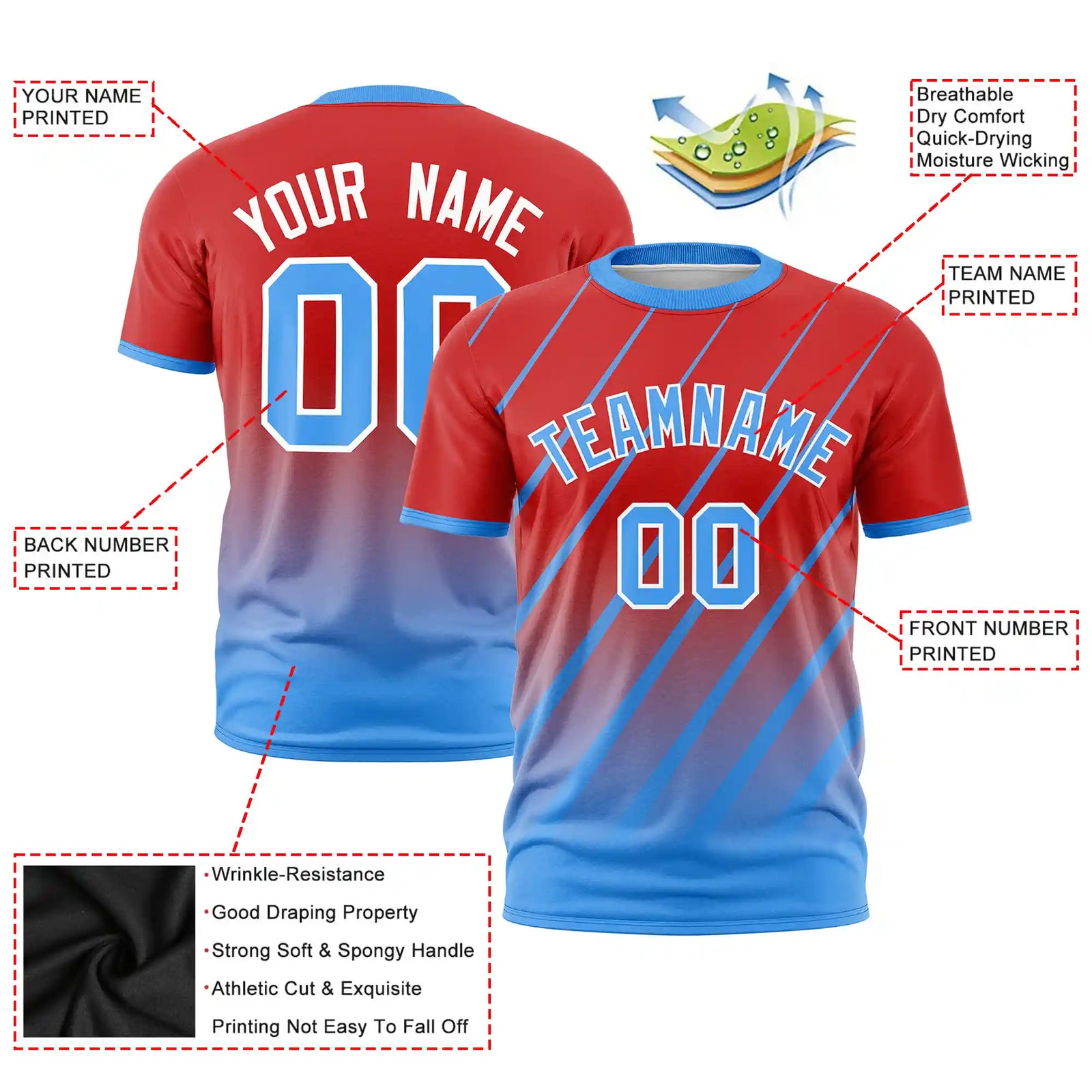 Custom Red-Powder Blue Gradient Fashion Diagonal Stripe Performance T-Shirt