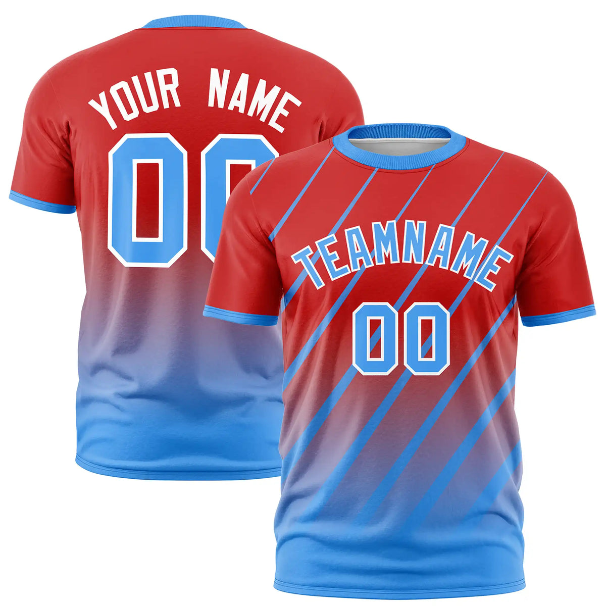 Custom Red-Powder Blue Gradient Fashion Diagonal Stripe Performance T-Shirt