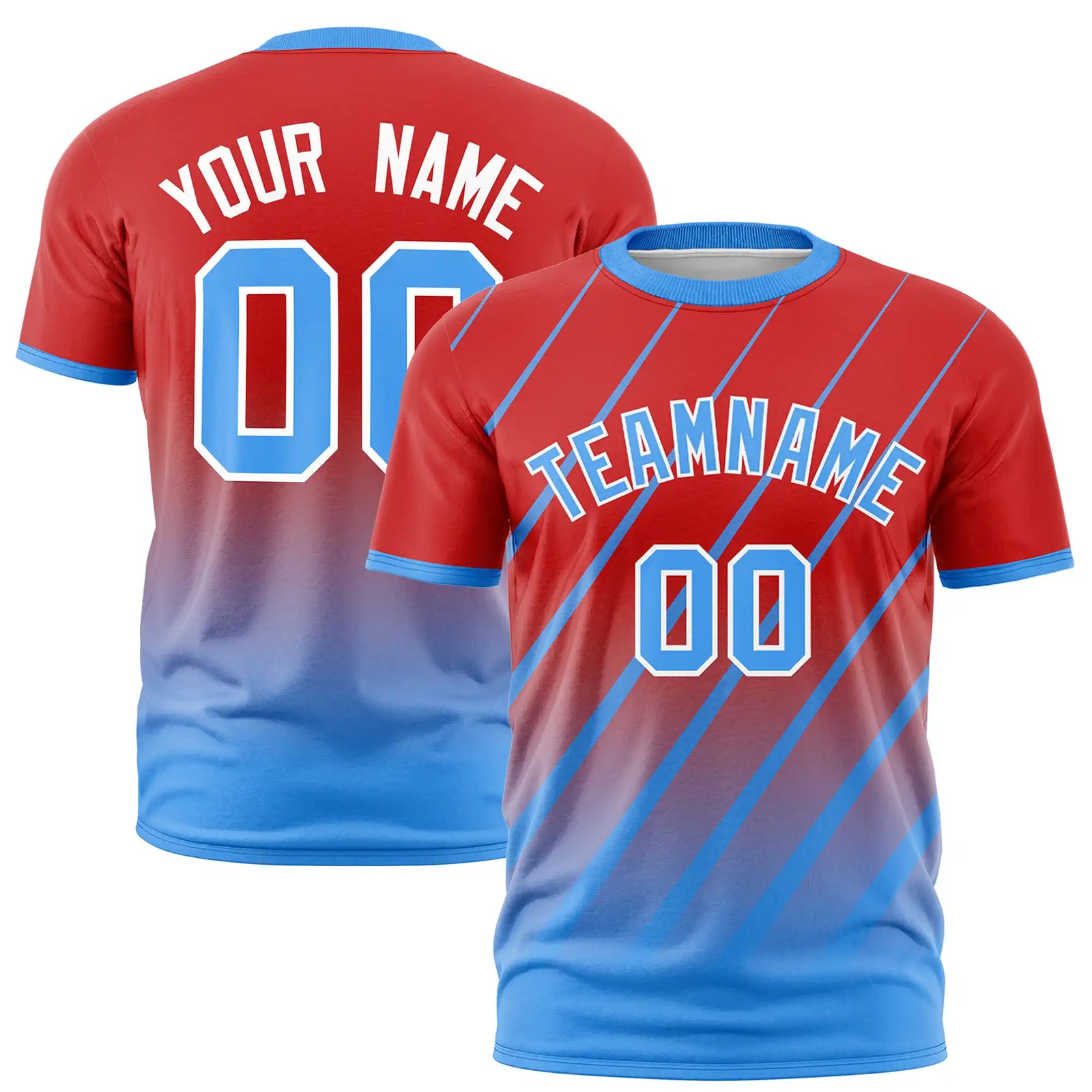 Custom Red-Powder Blue Gradient Fashion Diagonal Stripe Performance T-Shirt