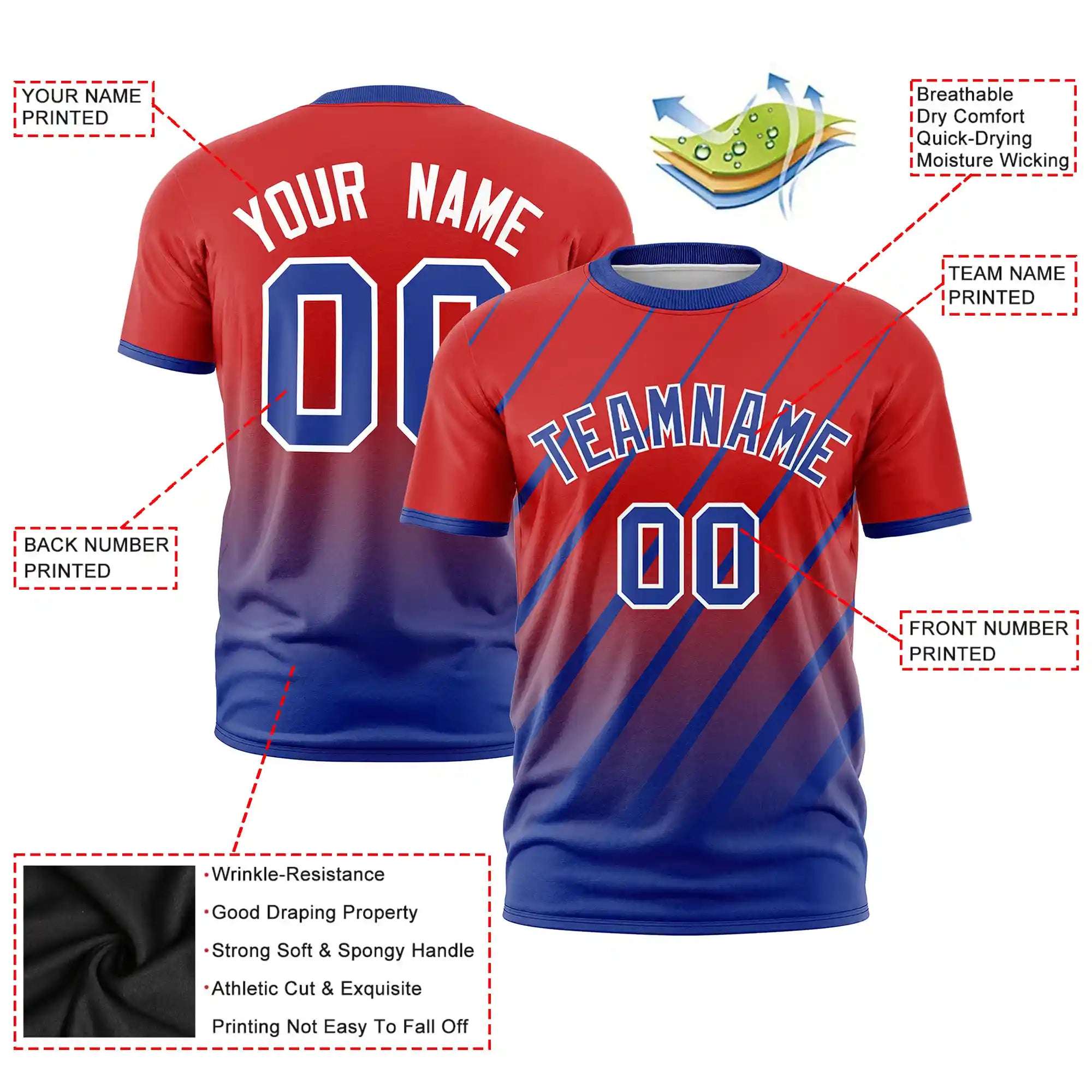 Custom Red-Royal Blue Gradient Fashion Diagonal Stripe Performance T-Shirt