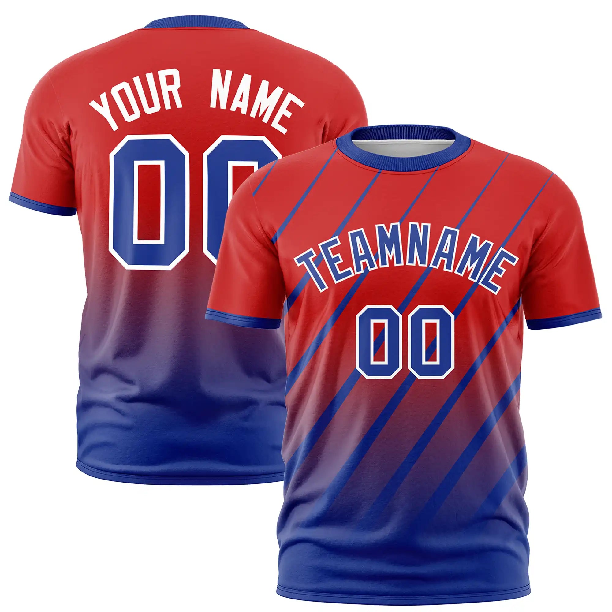 Custom Red-Royal Blue Gradient Fashion Diagonal Stripe Performance T-Shirt