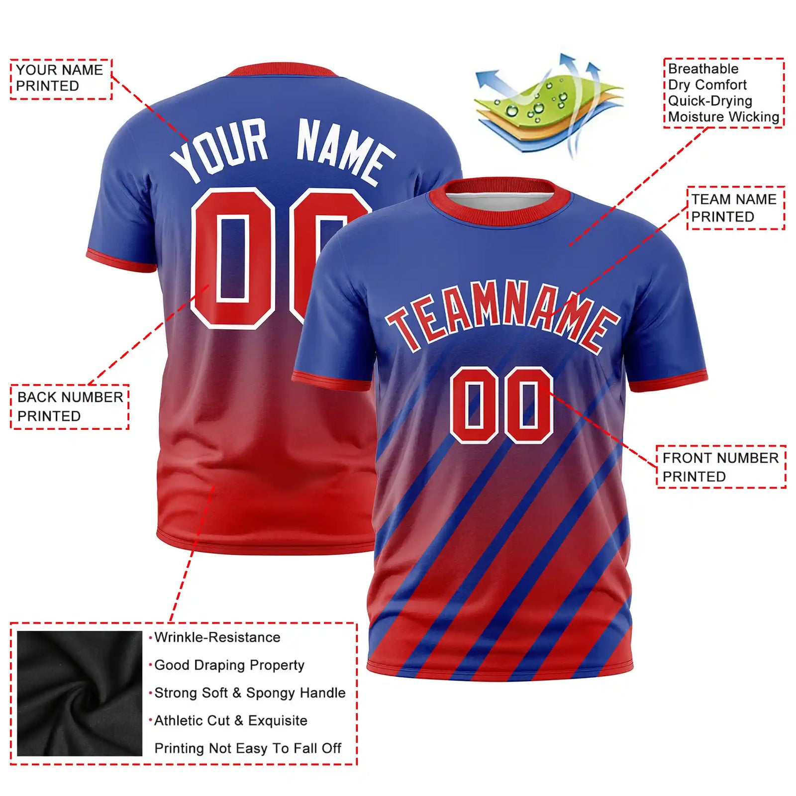 Custom Royal Blue-Red Gradient Fashion Diagonal Stripe Performance T-Shirt