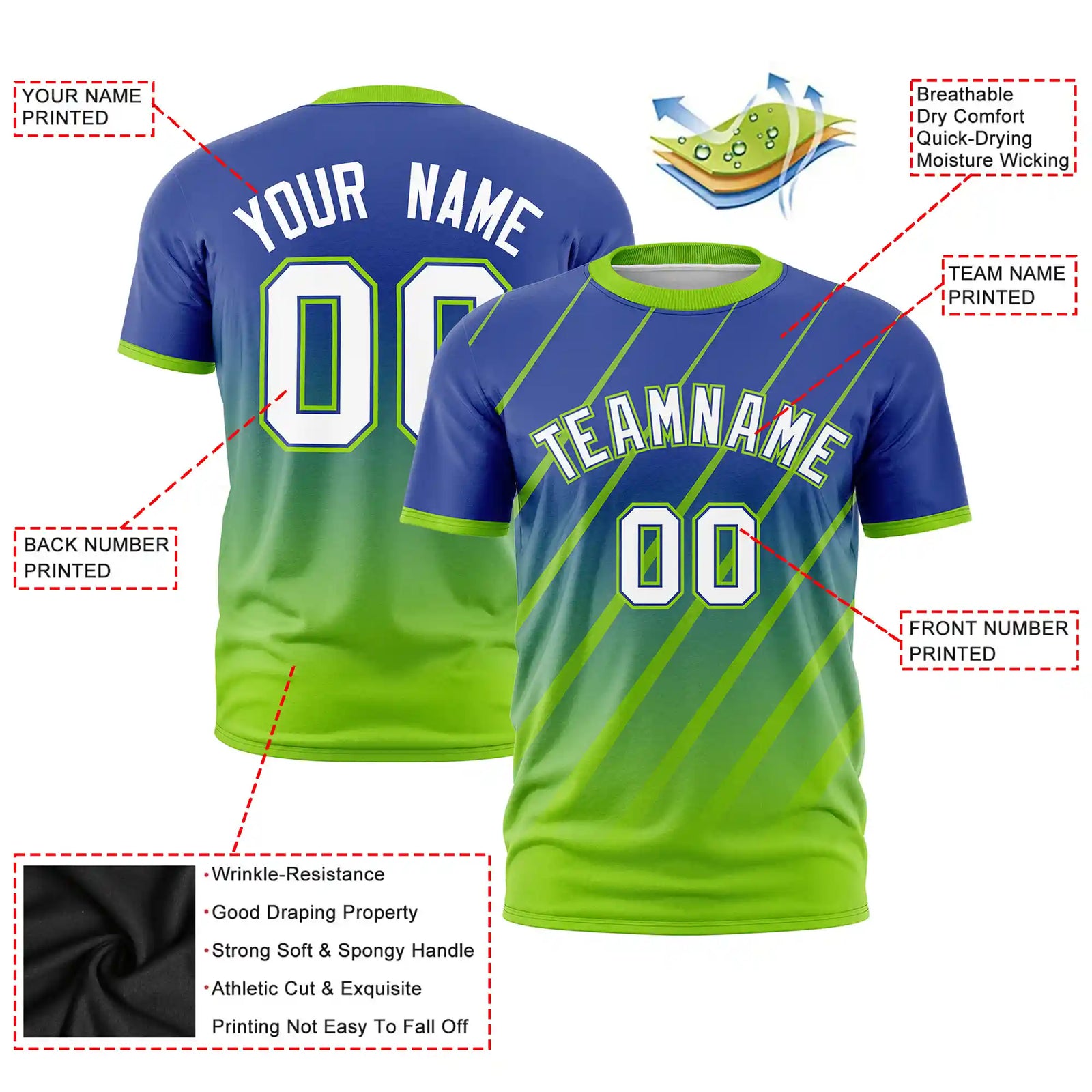 Custom Royal Blue-Neon Green Gradient Fashion Diagonal Stripe Performance T-Shirt