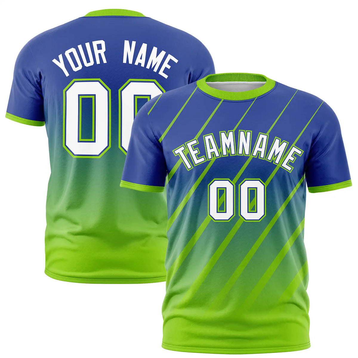 Custom Royal Blue-Neon Green Gradient Fashion Diagonal Stripe Performance T-Shirt