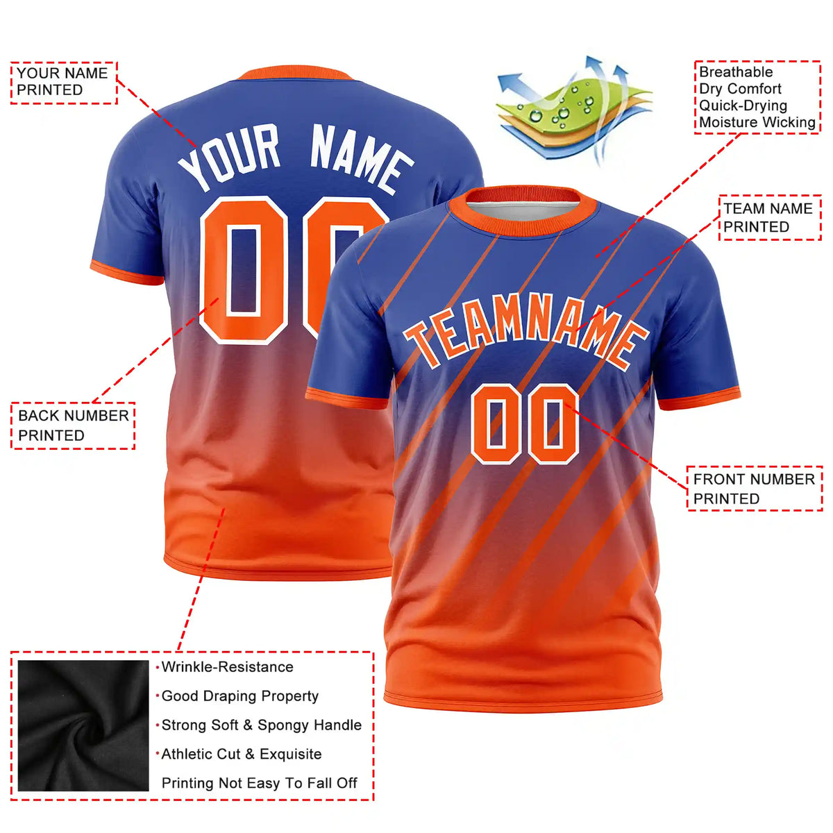 Custom Royal Blue-Orange Gradient Fashion Diagonal Stripe Performance T-Shirt