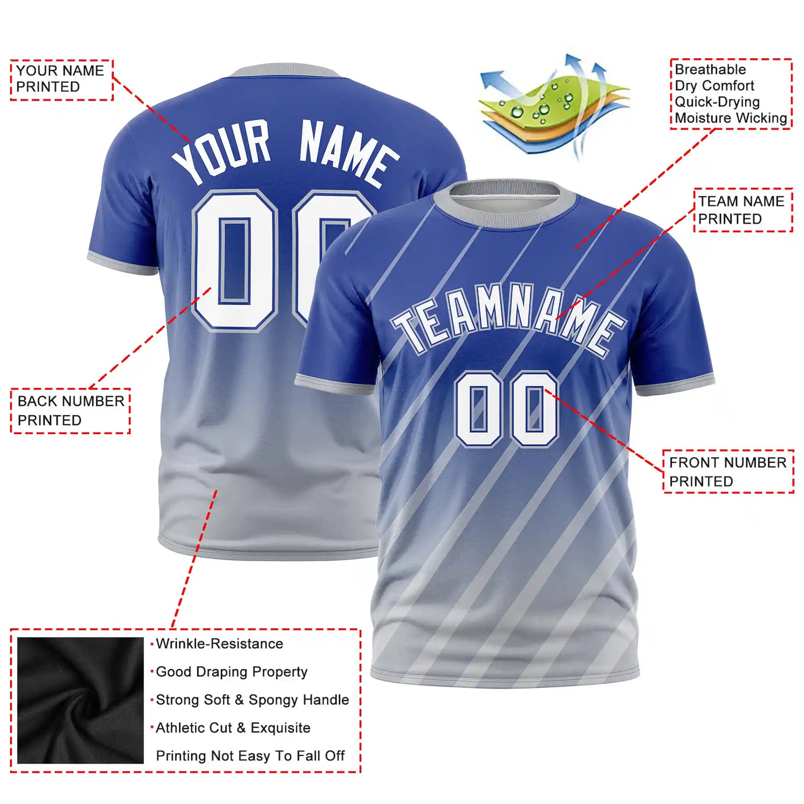 Custom Royal Blue-Gray Gradient Fashion Diagonal Stripe Performance T-Shirt